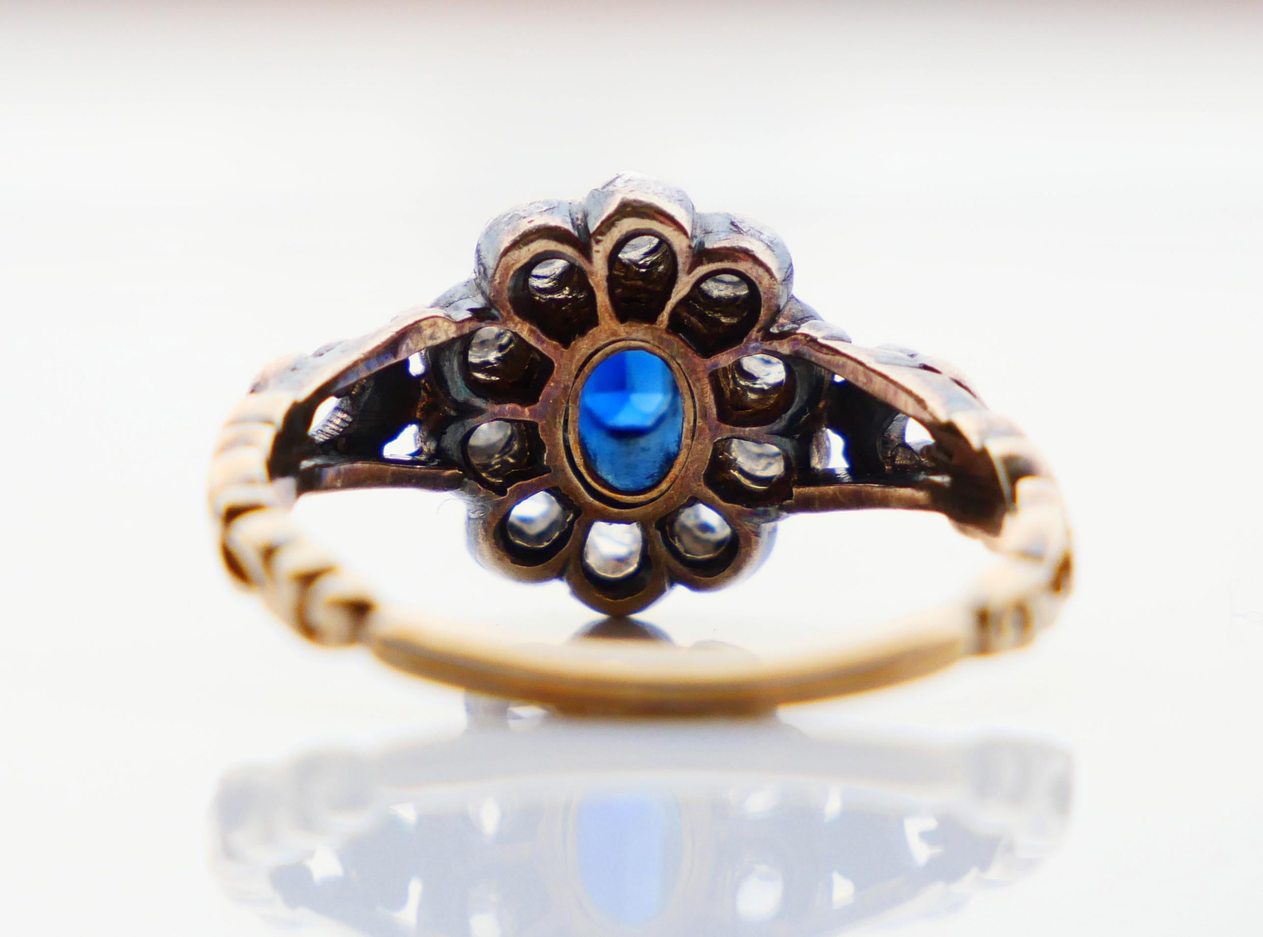 Old European Cut 1929 Nordic Halo Ring 0.5ct Sapphire Diamonds solid 18K Gold Silver Ø6US/3.7gr For Sale
