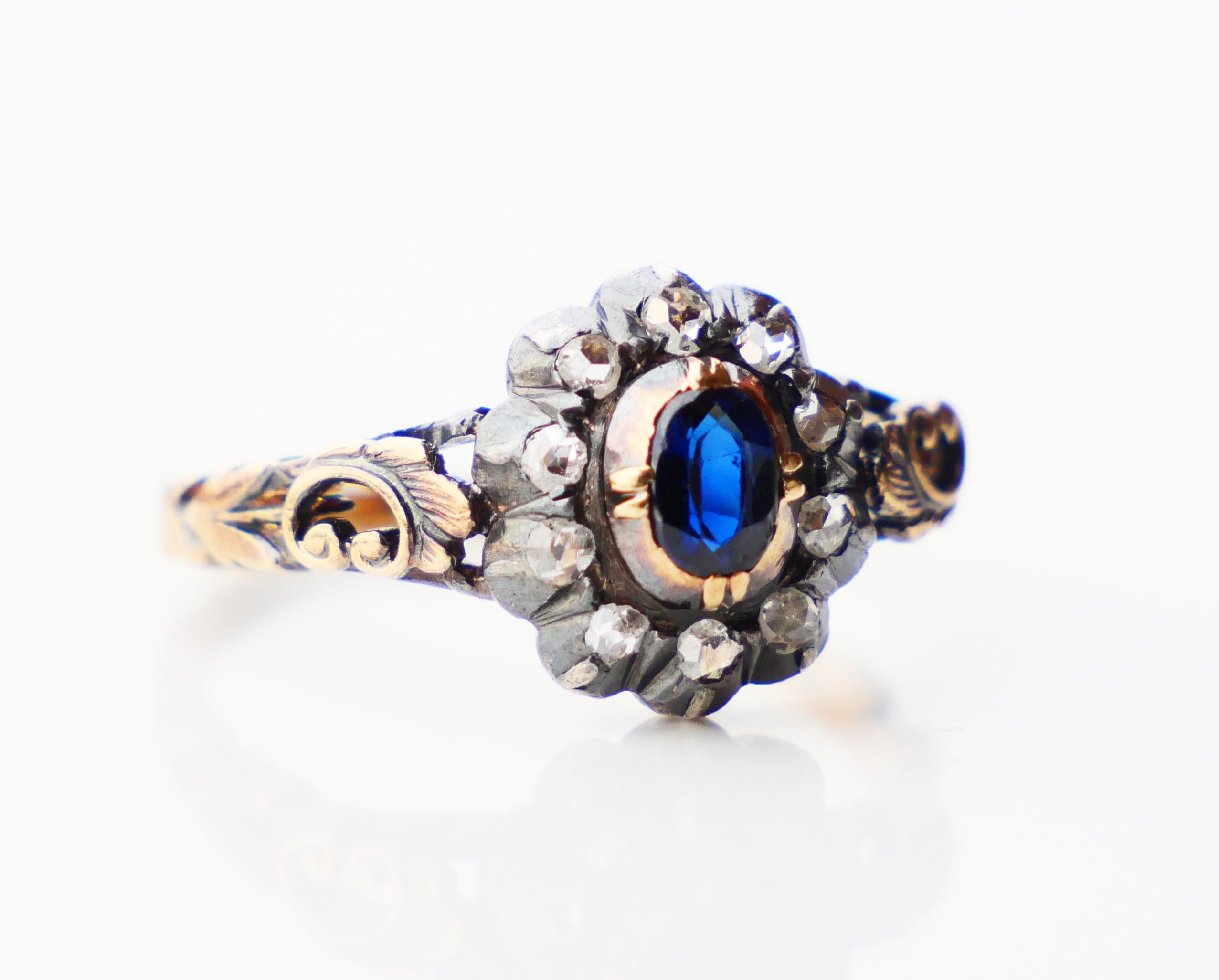 Women's 1929 Nordic Halo Ring 0.5ct Sapphire Diamonds solid 18K Gold Silver Ø6US/3.7gr For Sale