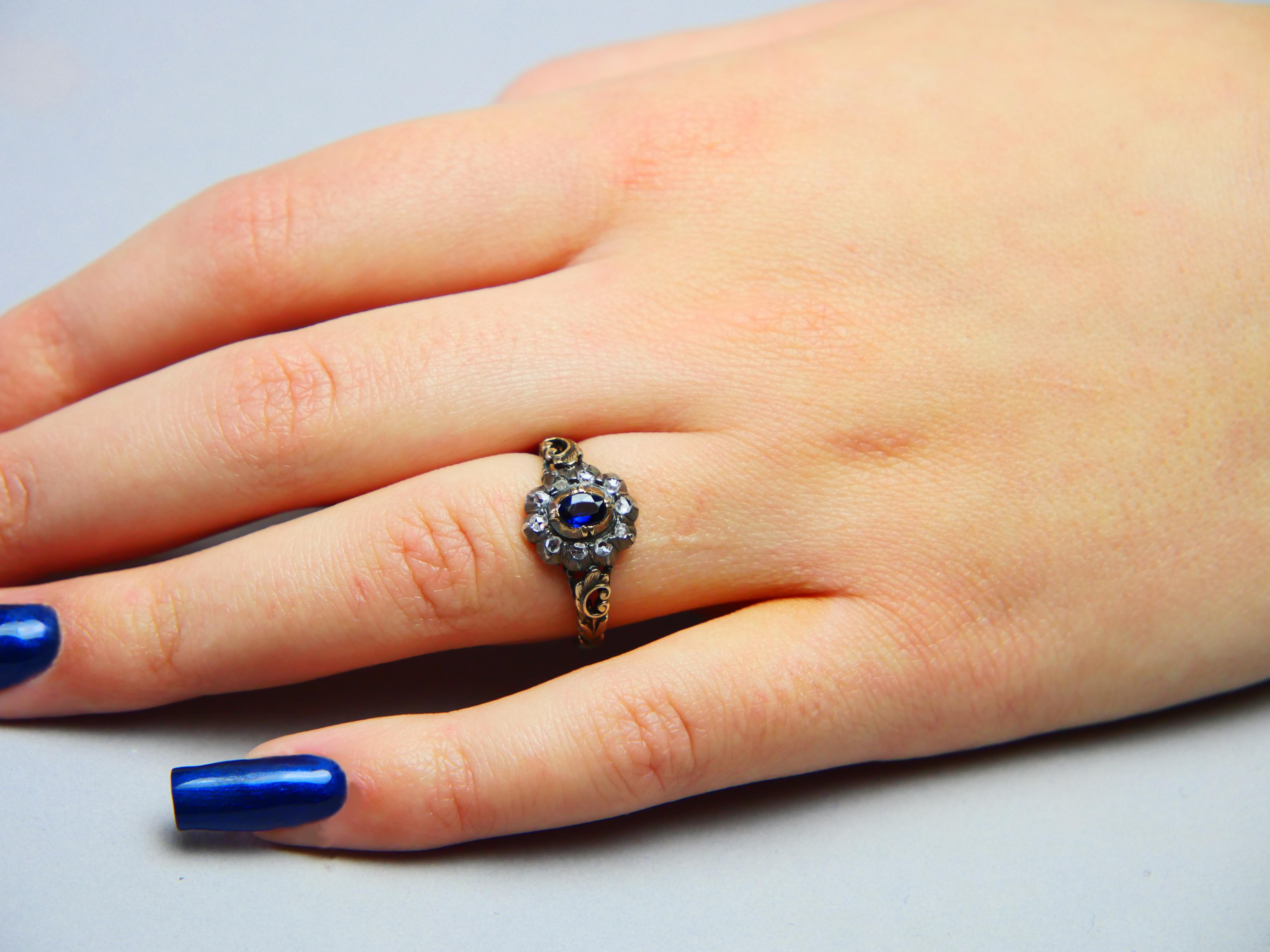 1929 Nordic Halo Ring 0.5ct Sapphire Diamonds solid 18K Gold Silver Ø6US/3.7gr For Sale 2