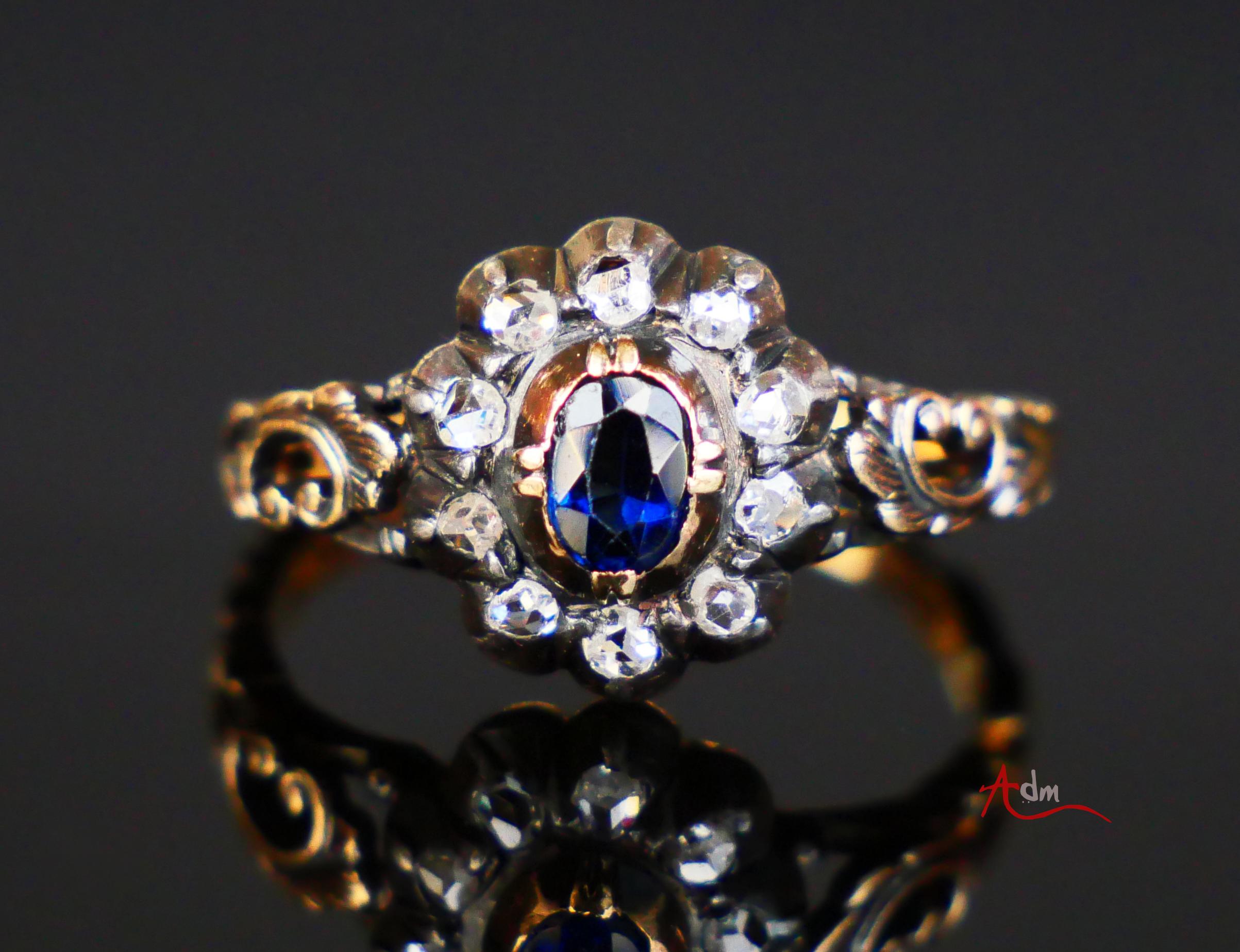 1929 Nordic Halo Ring 0.5ct Saphir Diamanten massiv 18K Gold Silber Ø6US/3.7gr im Angebot 4