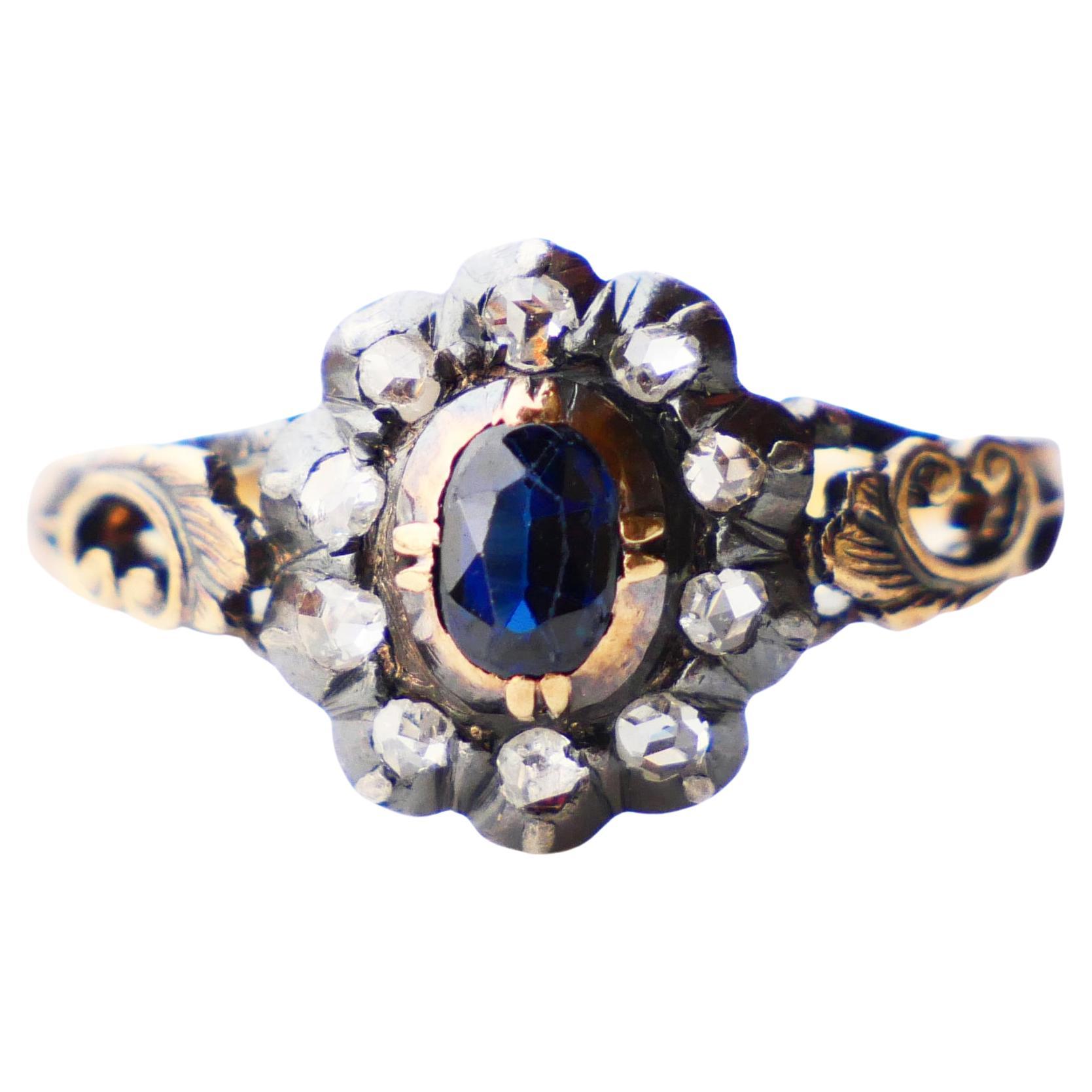 1929 Nordic Halo Ring 0.5ct Saphir Diamanten massiv 18K Gold Silber Ø6US/3.7gr im Angebot