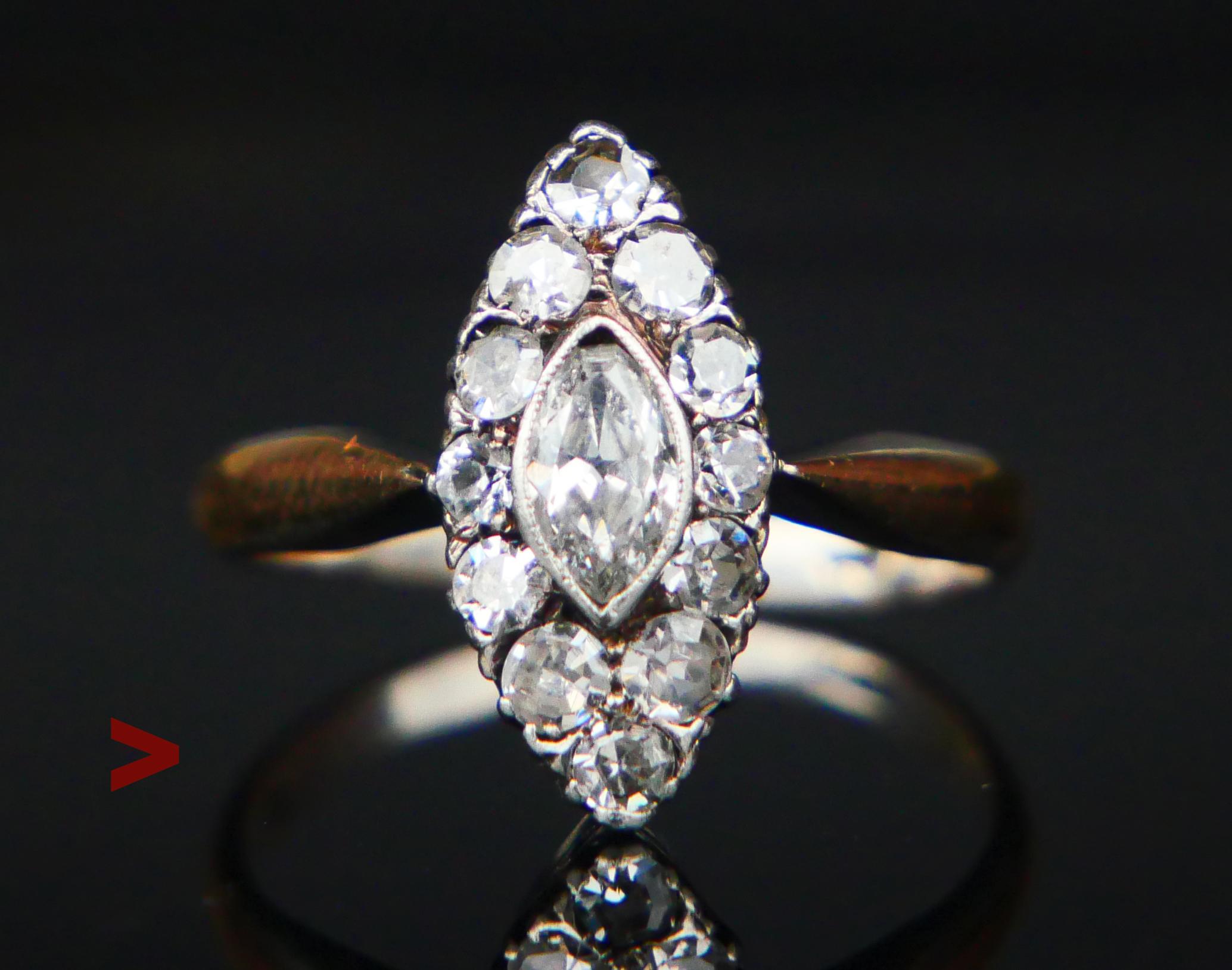 Bague d'époque Art déco présentant des diamants de taille ancienne disposés en forme d'œil de fantaisie.

Poinçon 18 carats, poinçons des douanes / importé en Suède, année de port ou marque d'importation C8 / fabriqué en 1929.

Toutes les pierres
