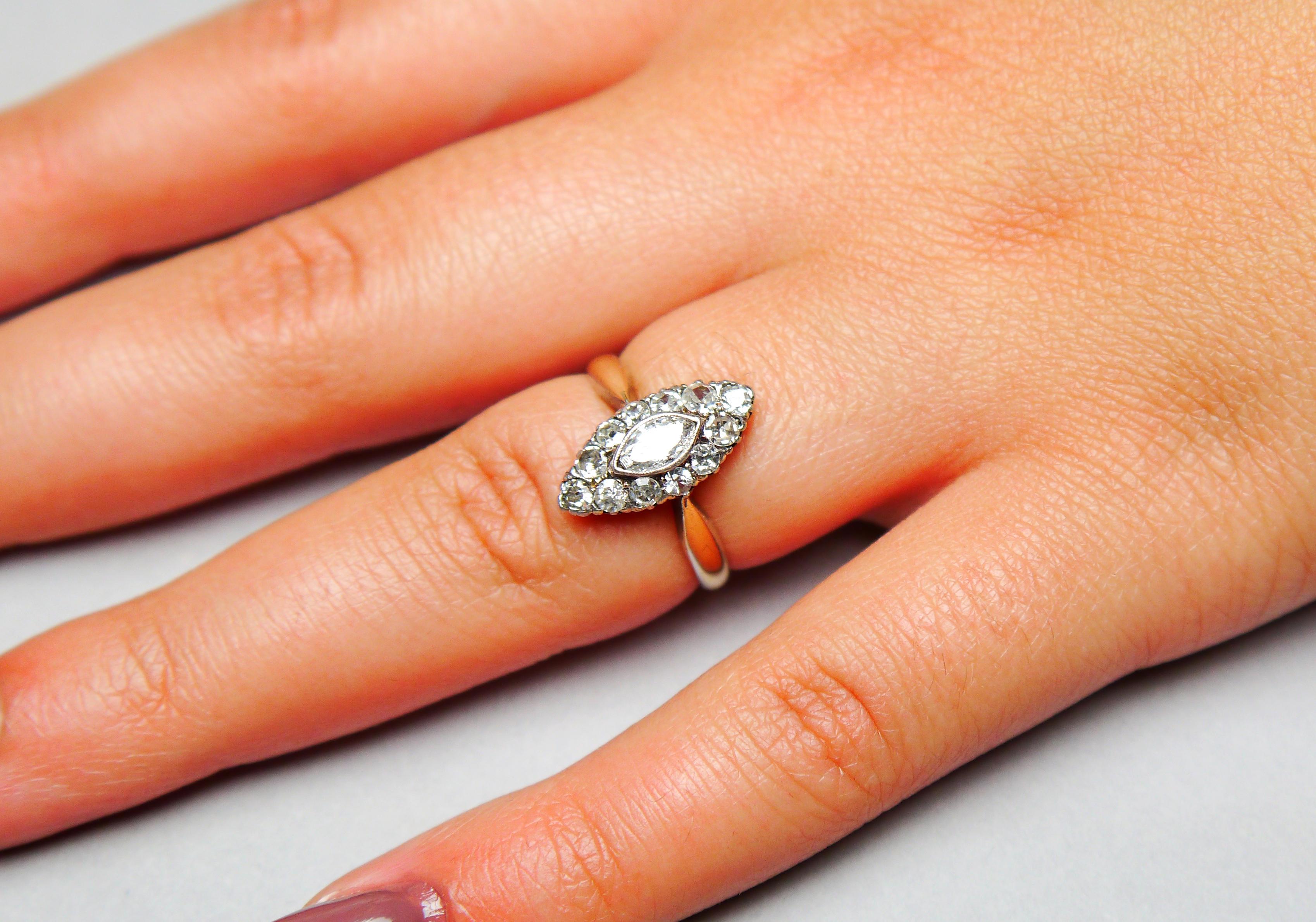 Taille Marquise 1929 Bague nordique 1ctw Diamants or massif 18K Ø 5.5 US /3gr en vente