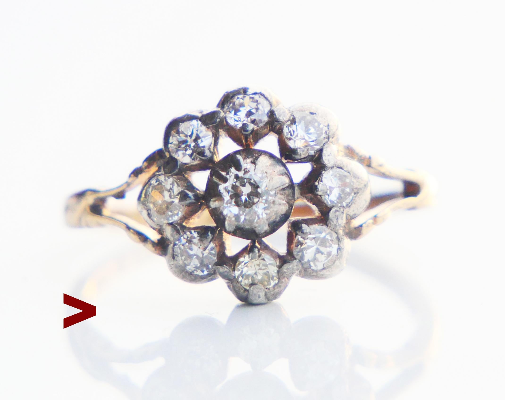 Anello aureola antico con diamanti. Fascia in oro rosa massiccio 18 carati. Corona a grappoli in argento con 9 diamanti naturali taglio vecchio. 

Punzoni svedesi, 18 carati e marchio del fabbricante, Stoccolma, combinazione di anni C8 / fatto a