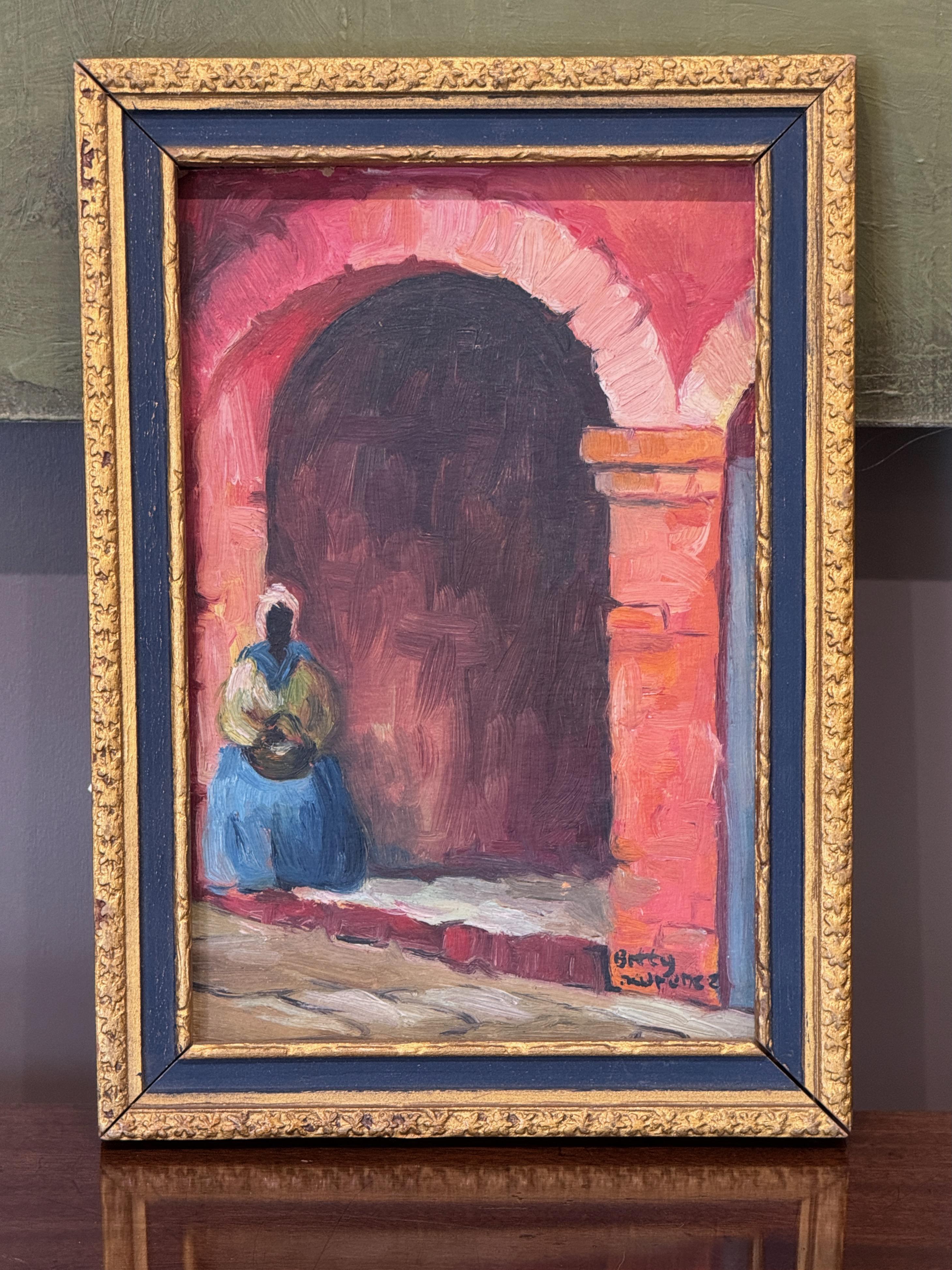 Ein Ölgemälde von Betty Lawrence aus dem Jahr 1929, das einen Straßenhändler aus New Orleans zeigt, der im Hof der grünen Fensterläden sitzt. Das Gemälde zeichnet sich durch einen impressionistischen Stil mit kräftigen Pinselstrichen und einer