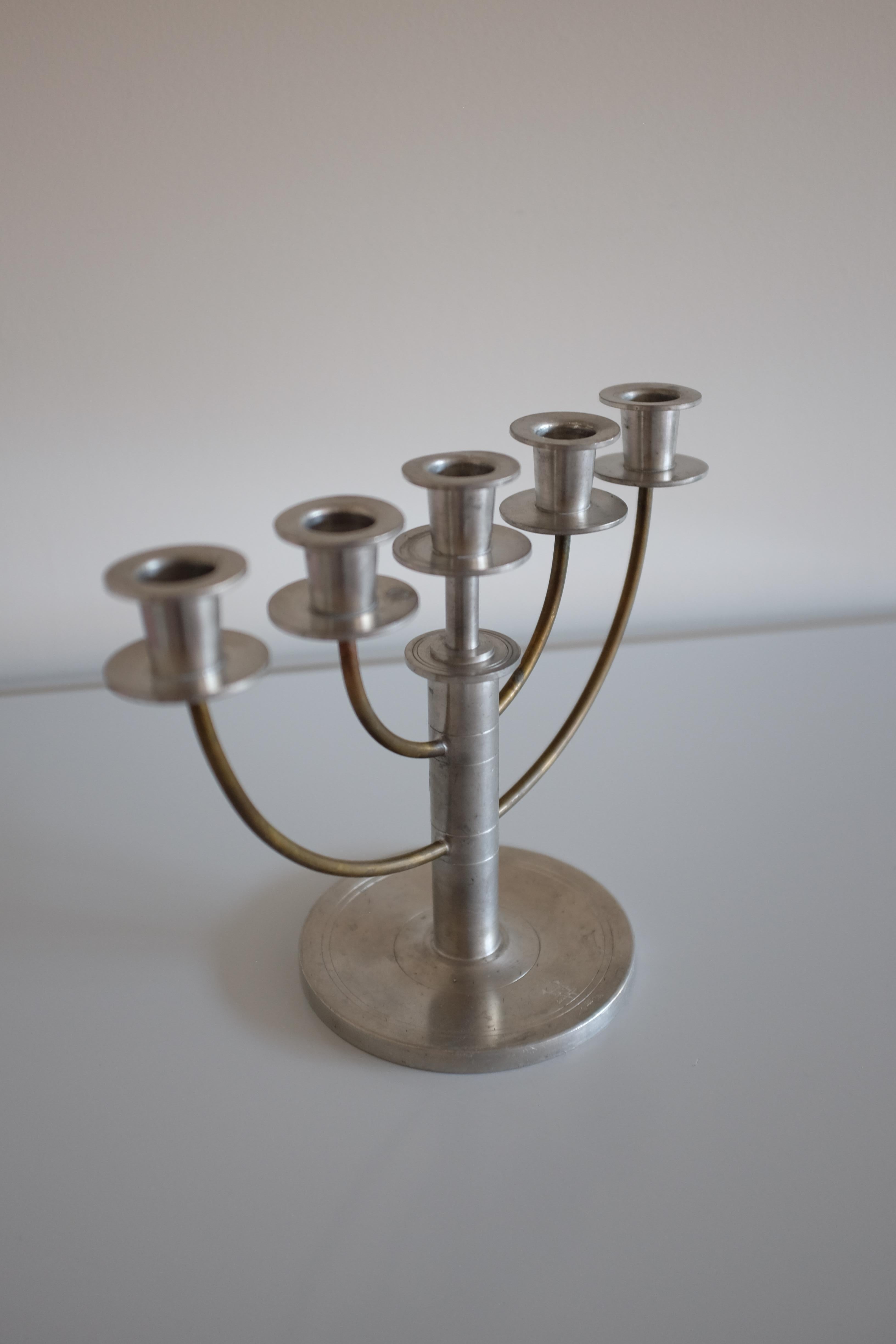 Early 20th Century 1929 Pewter and Brass candelabras attributed to Sylvia Stave For Sale