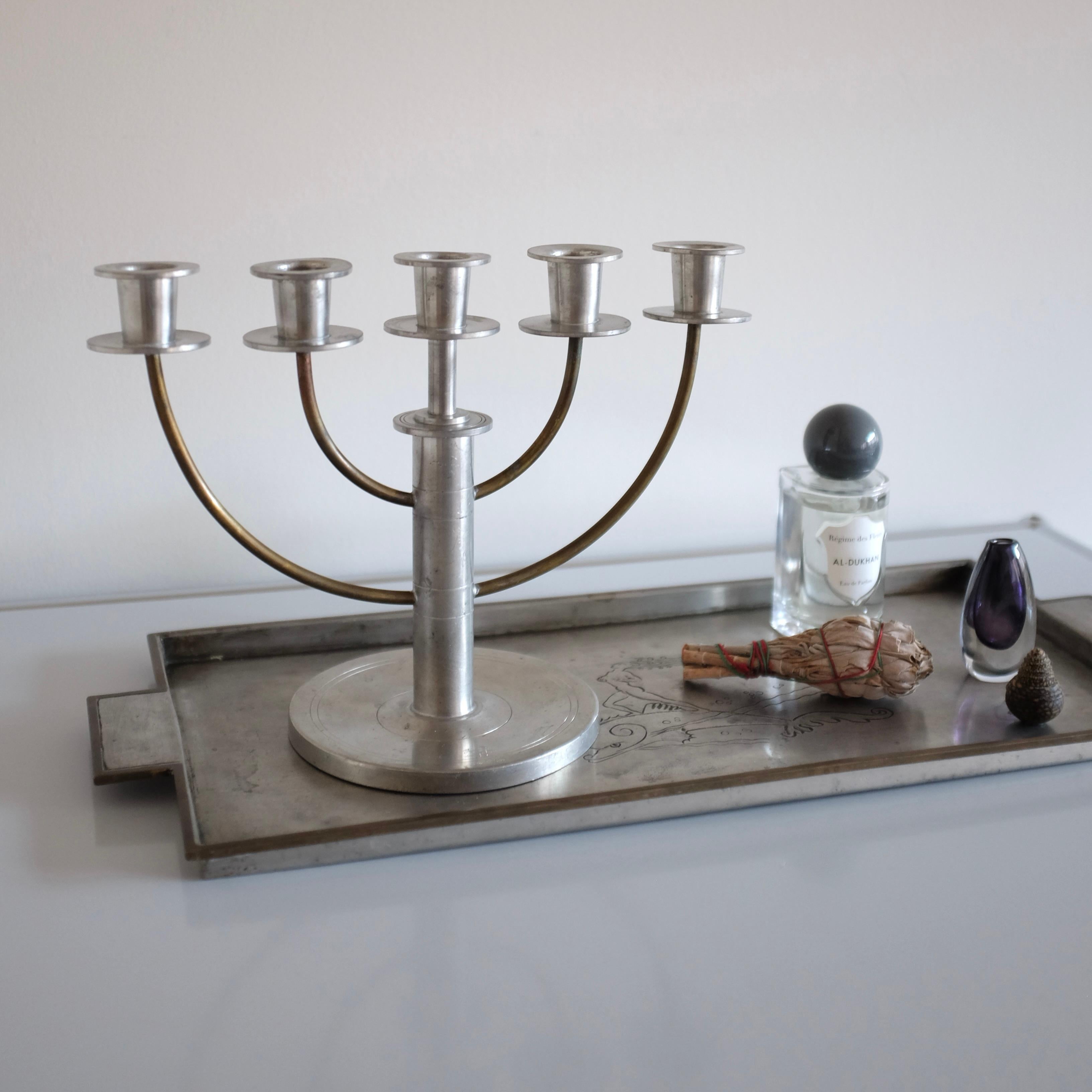 1929 Pewter and Brass candelabras attributed to Sylvia Stave For Sale 2