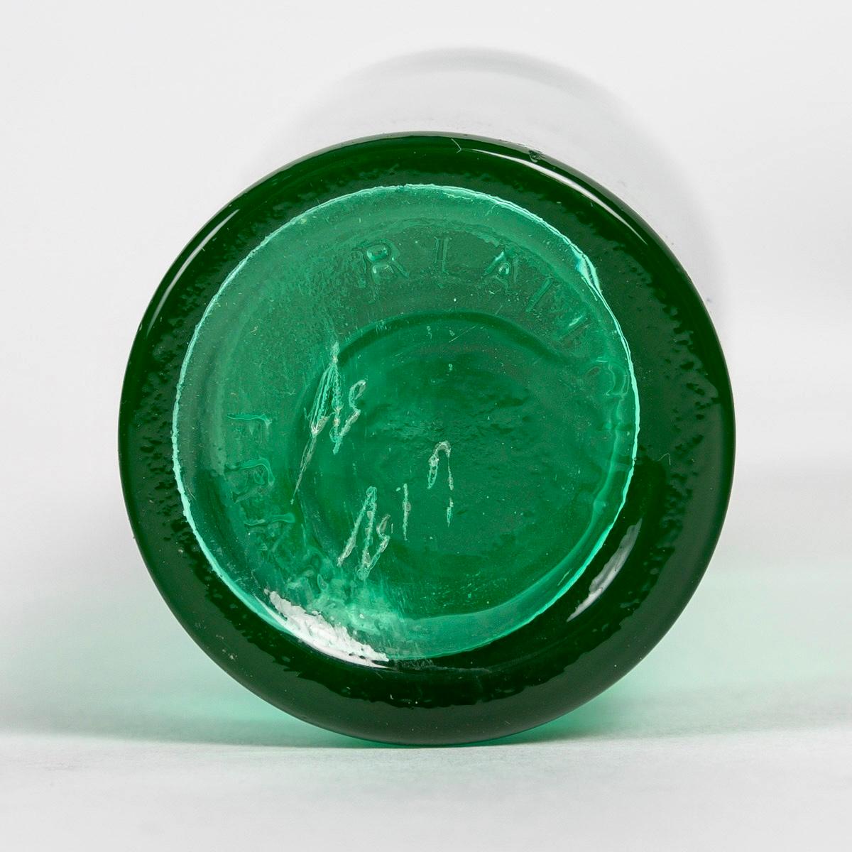 1929 René Lalique - 3 Parfümflaschen Sans Adieu Smaragdgrünes Glas Für Worth (Geformt) im Angebot