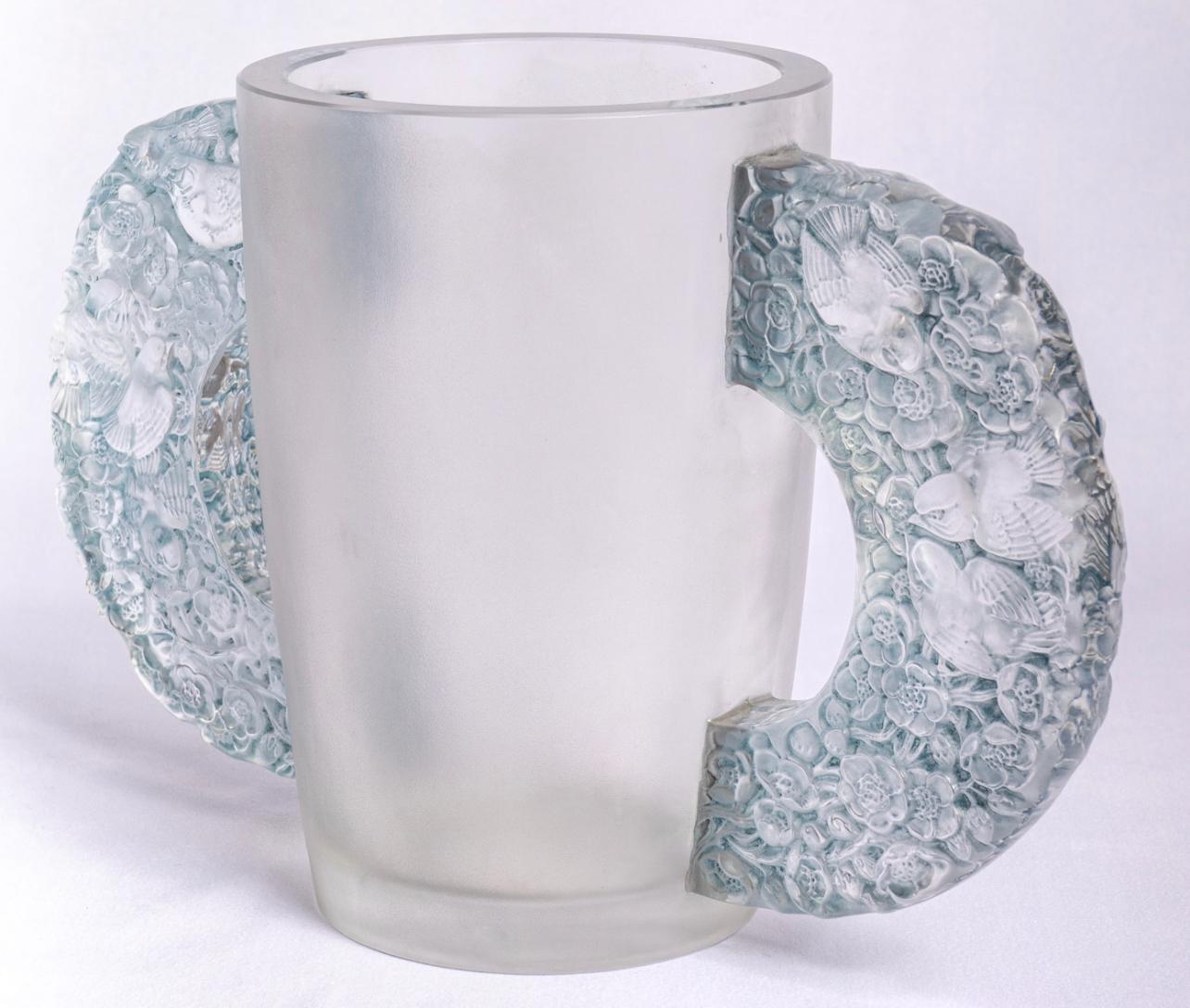 Molded 1929 René Lalique Art Deco Vase Petrarque Frosted Glass with Blue Patina