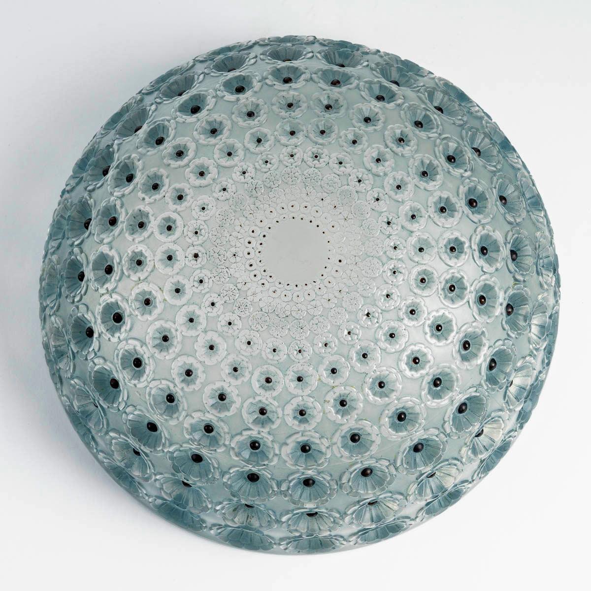 French 1929 René Lalique Bowl Nemours Glass with Blue Patina & Black Enamel