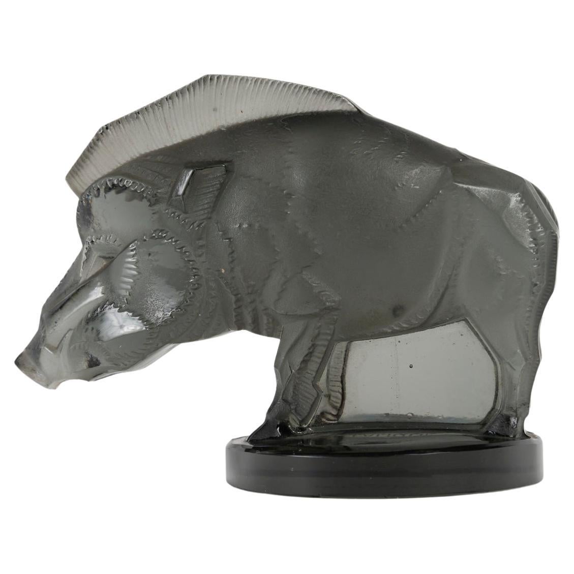 1929 René Lalique Car Mascot Sanglier Boar Grey Topaz Glass For Sale