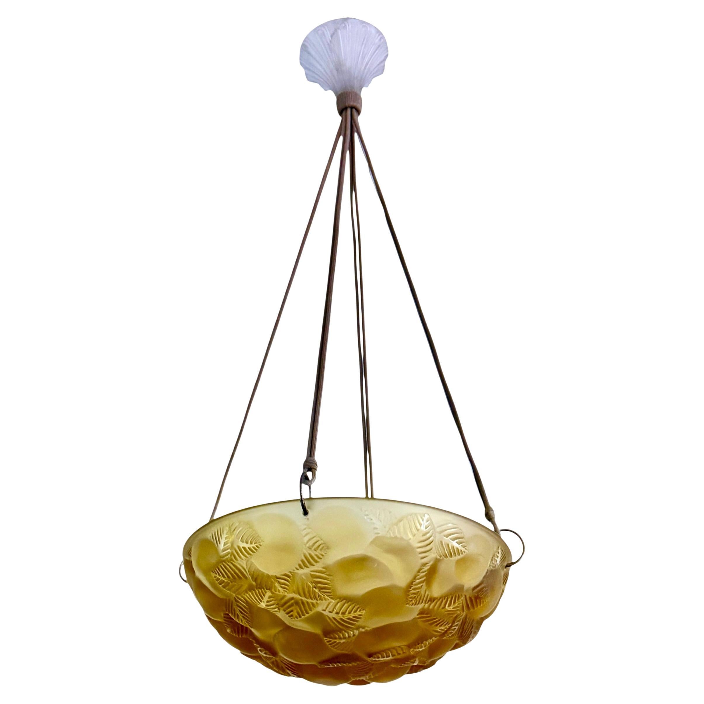 1929 René Lalique - Deckenhalterung Leuchte Kronleuchter Lausanne Gelbes Bernsteinglas