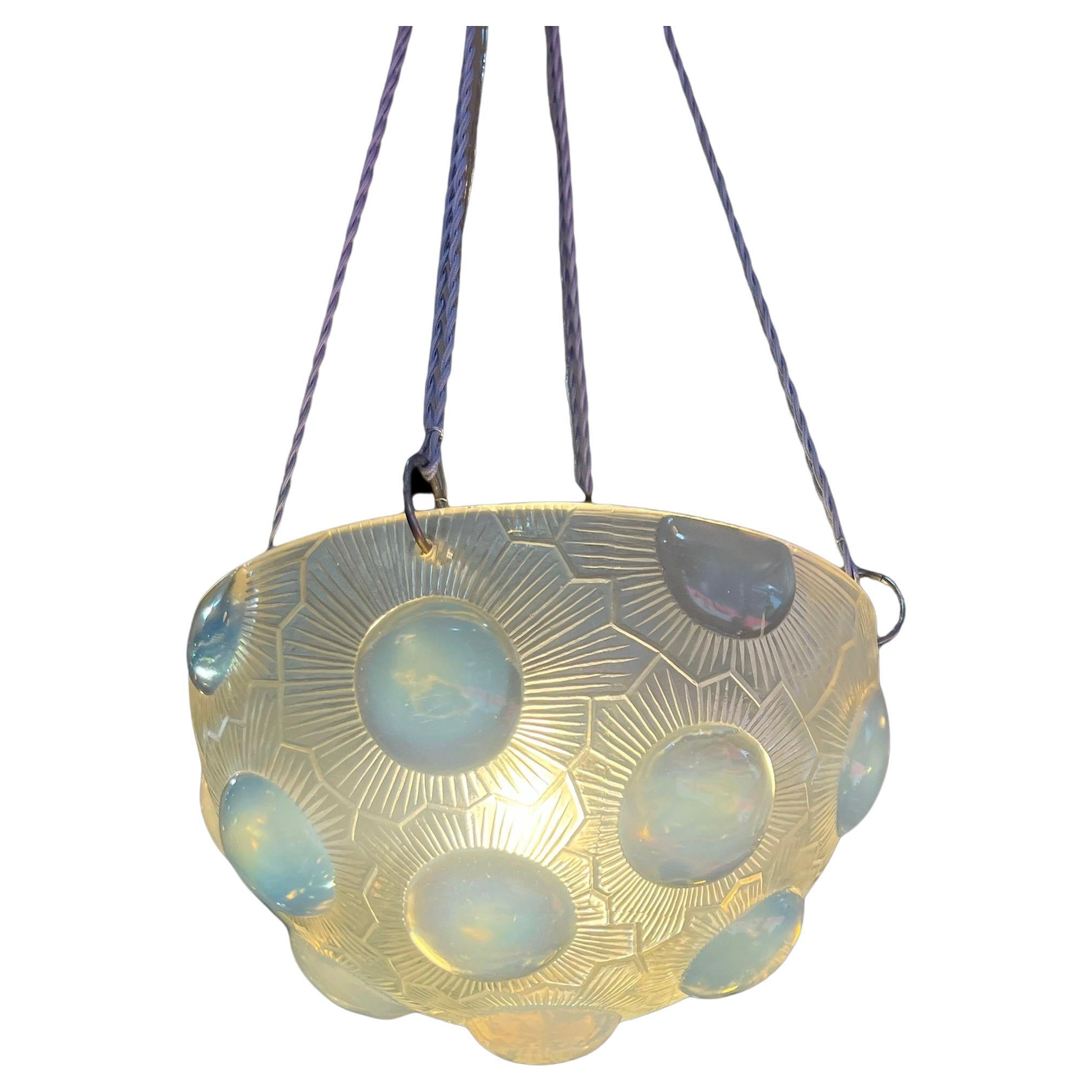 1929 René Lalique, Ceiling Fixture Light Chandelier Soleil Opalescent Glass For Sale