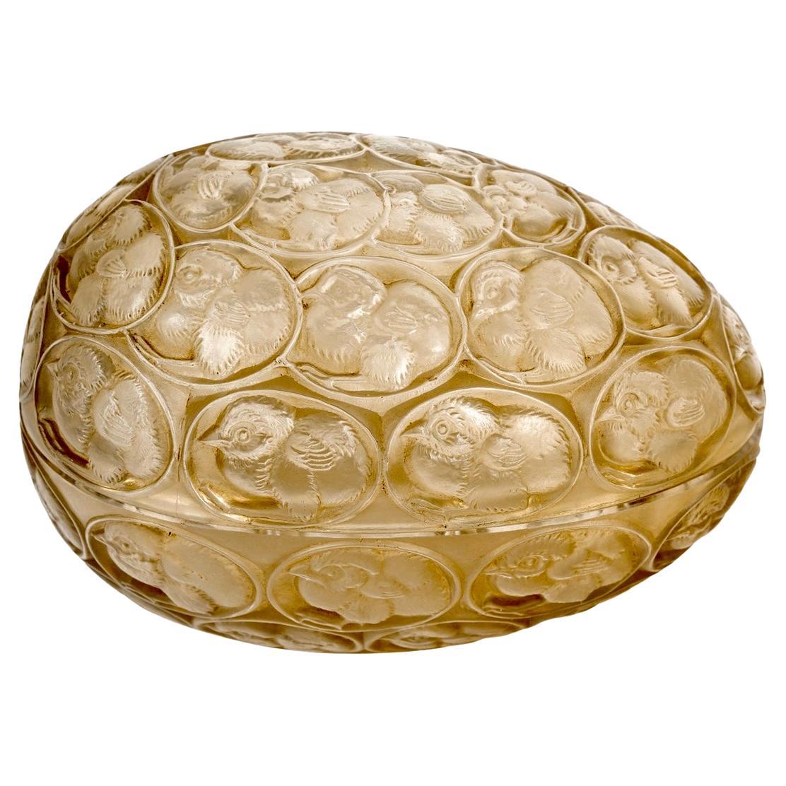 1929 René Lalique Egg Box Poussins Chicks Glass with Sepia Patina