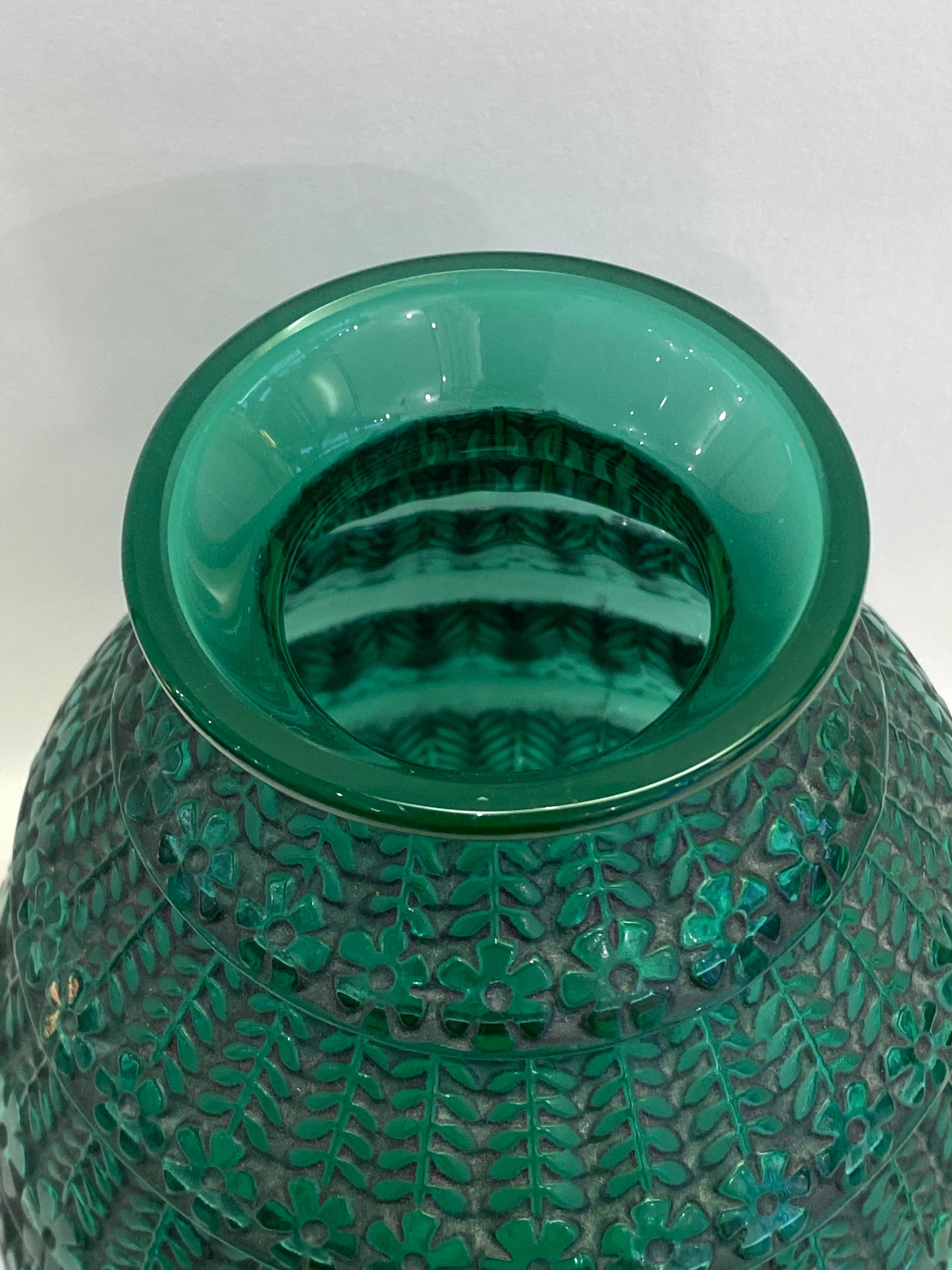 French 1929 René Lalique Ferrieres Vase in Emerald Green Glass with Black Patina