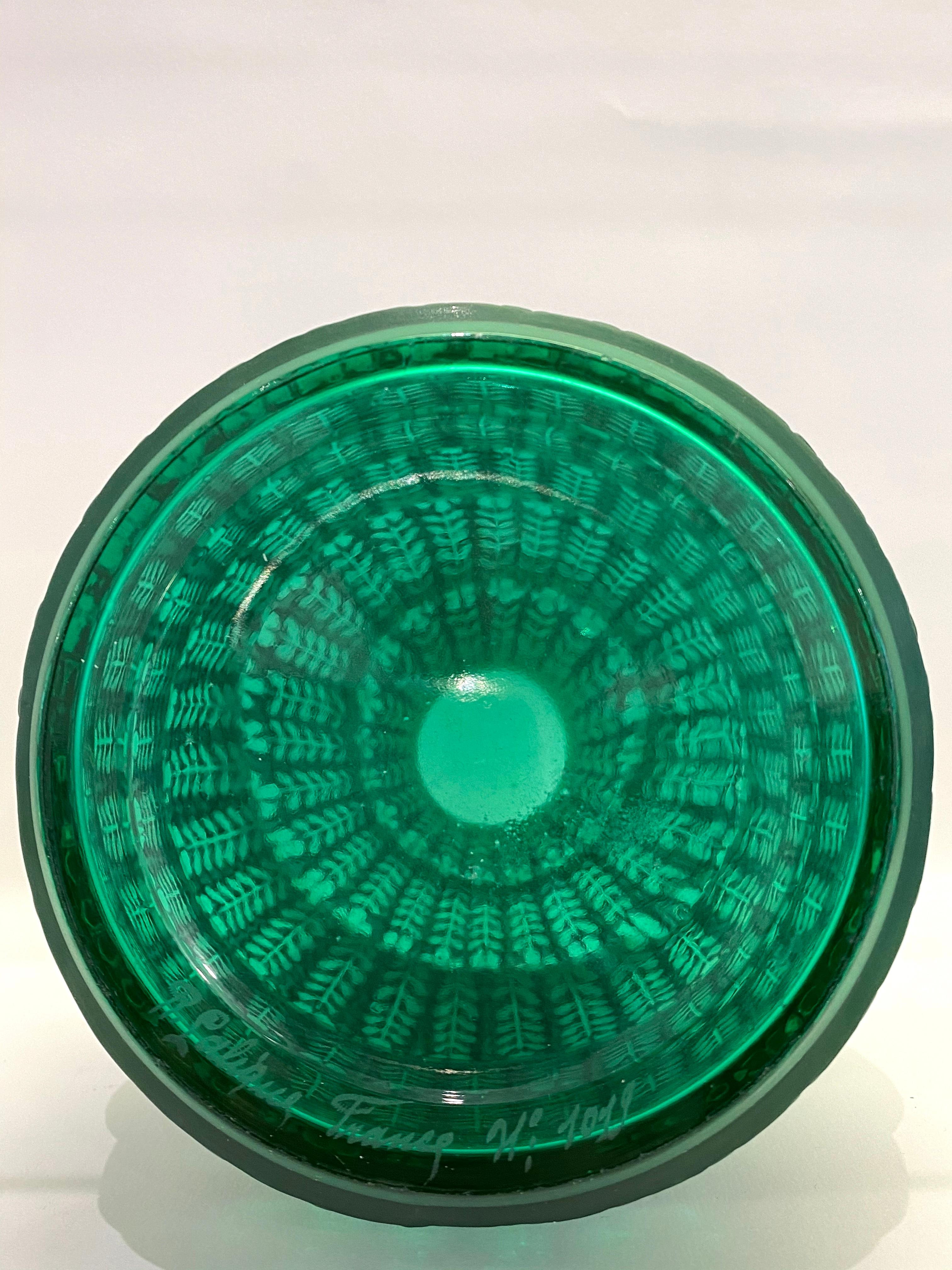 Molded 1929 René Lalique Ferrieres Vase in Emerald Green Glass with Black Patina