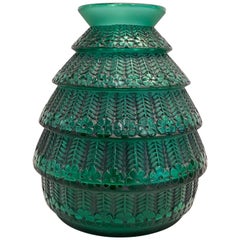 1929 René Lalique Ferrieres Vase in Emerald Green Glass with Black Patina