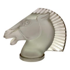 Antique 1929 René Lalique Longchamp B Car Mascot Hood Ornament in Clear Glass Horse Head