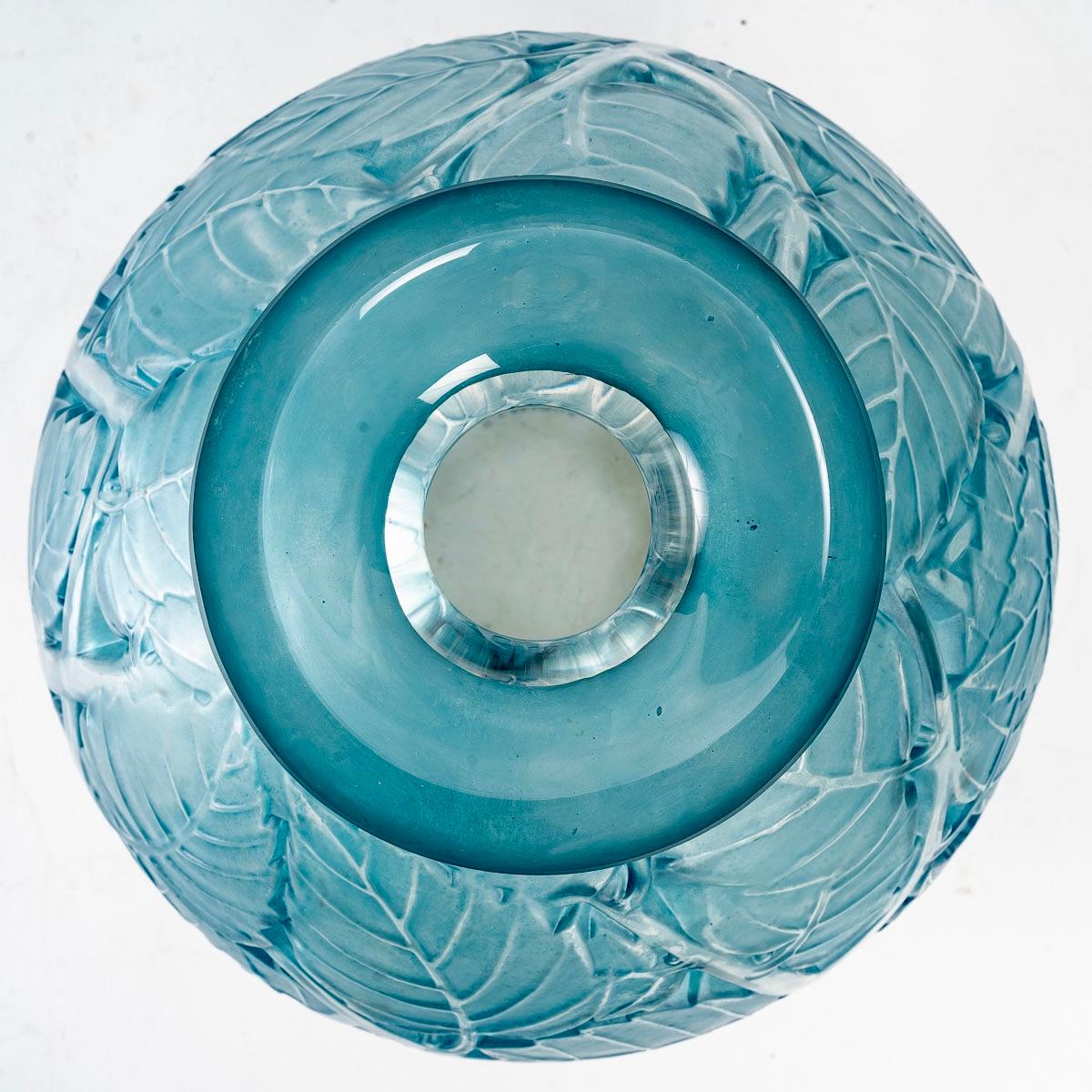 French 1929 René Lalique Milan Vase in Frosted Glass with Blue Patina