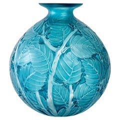 1929 René Lalique Milan Vase in Frosted Glass with Blue Patina