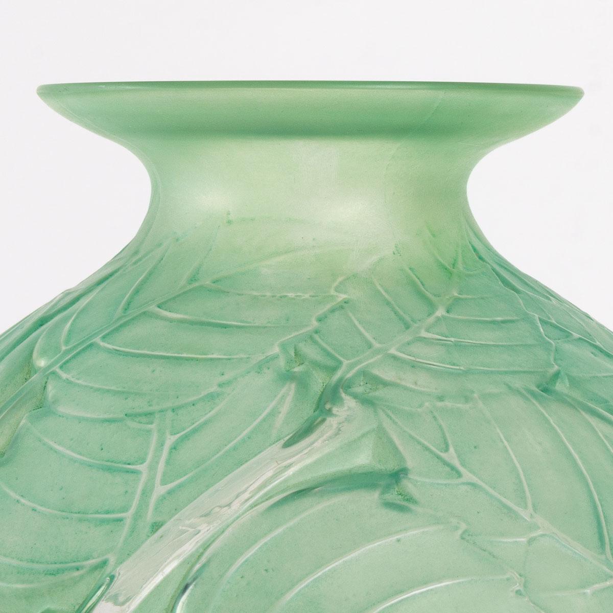 French 1929 René Lalique Milan Vase in Frosted Glass with Green Patina