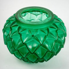 1929 René Lalique Original Vase Languedoc in Emerald Green Glass, Cactus Leaves