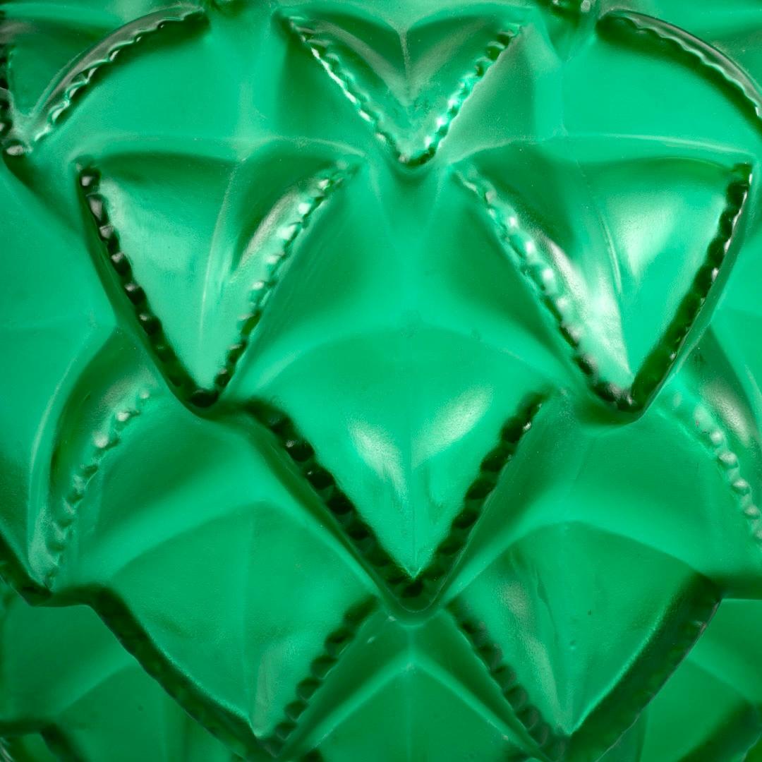 Français 1929 Vase original René Lalique Languedoc en verre vert émeraude, feuilles de cactus