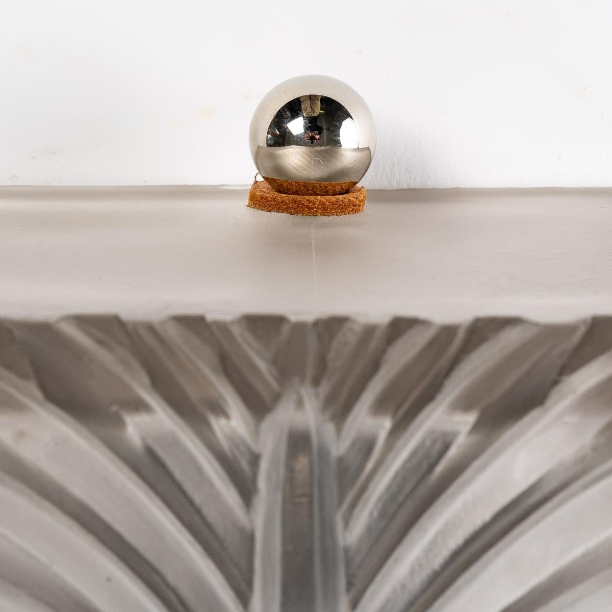 French 1929 René Lalique Pair of Art Deco Sconces Wall Lights Palmes Glass Grey Patina