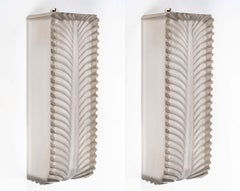 1929 René Lalique Pair of Art Deco Sconces Wall Lights Palmes Glass Grey Patina