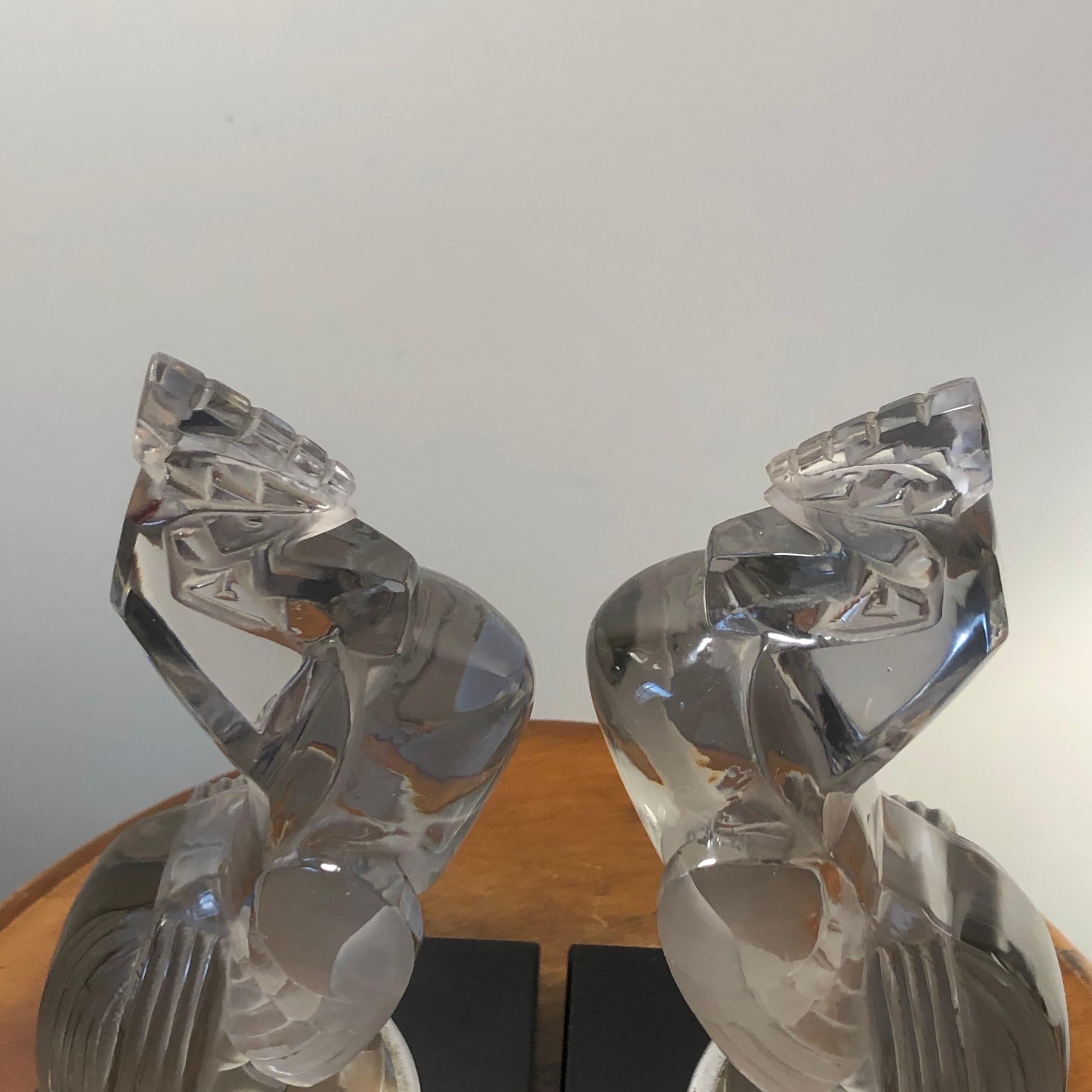1929 Rene Lalique Pair of Coq Houdan Bookends on Black Glass Bases, Roosters 1