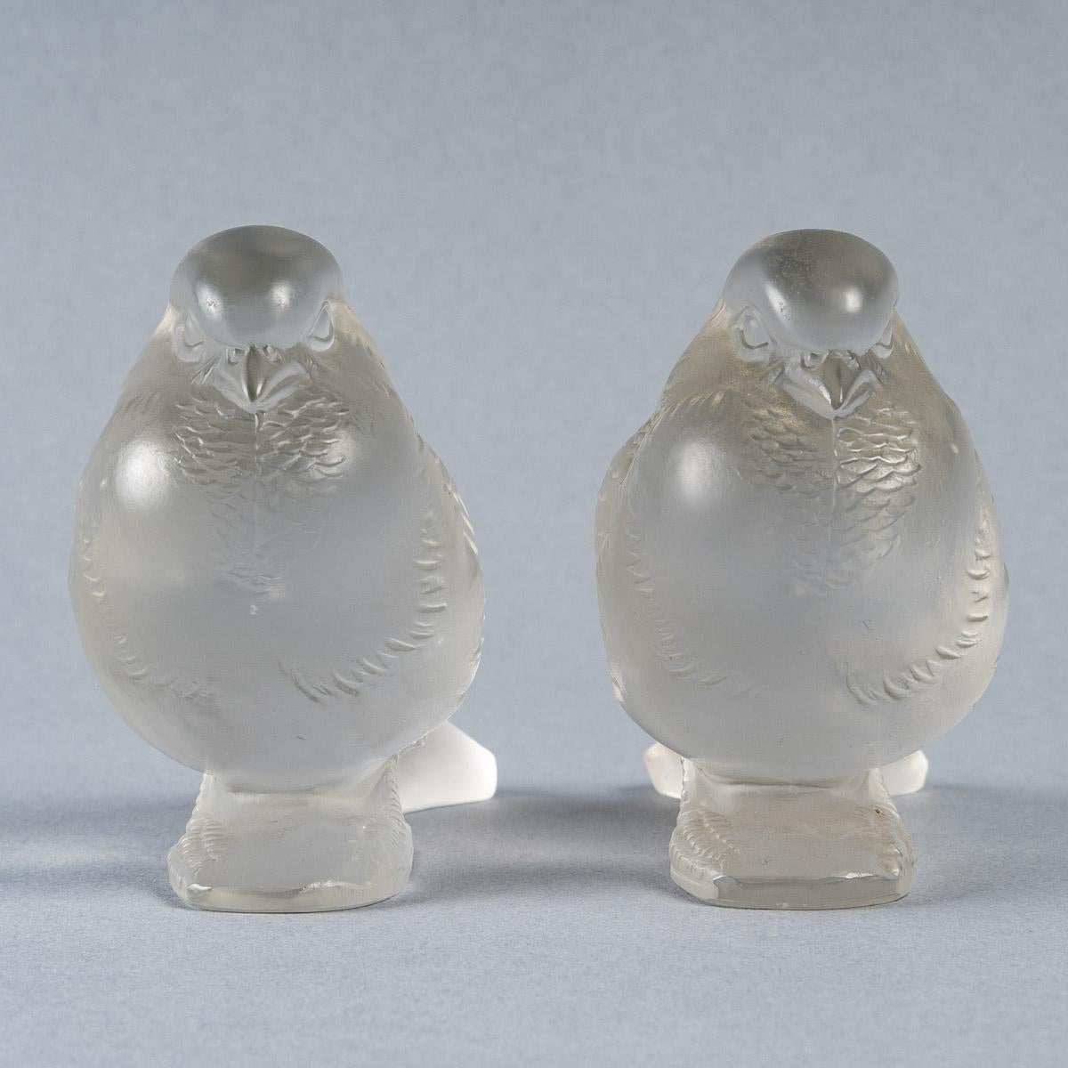 Molded 1929 René Lalique Pair of Moineau Fier Paperweight Glass Sparrows