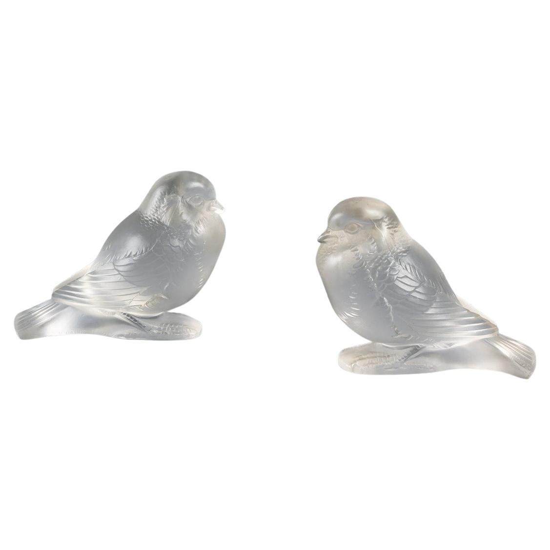 1929 René Lalique Pair of Moineau Fier Paperweight Glass Sparrows