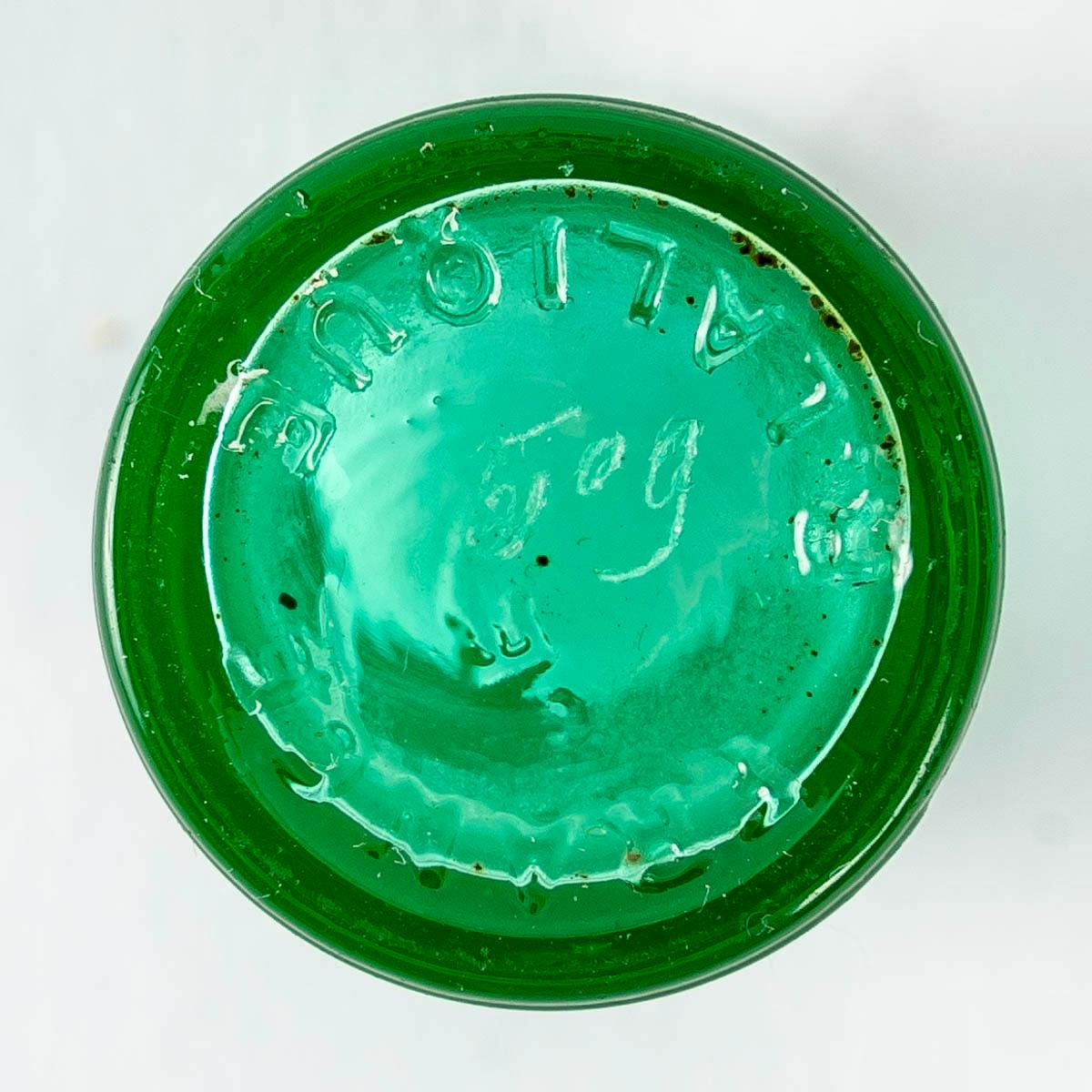 Molded 1929 Rene Lalique Pair of Perfume Bottles Sans Adieu Worth Emerald Green Glass