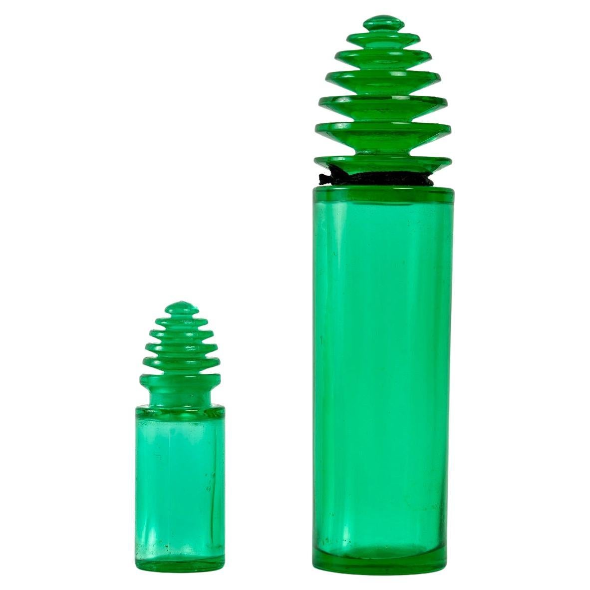 1929 Rene Lalique Pair of Perfume Bottles Sans Adieu Worth Emerald Green Glass