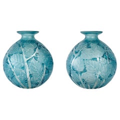1929 René Lalique, Pair of Vases Milan Frosted Glass with Blue Patina