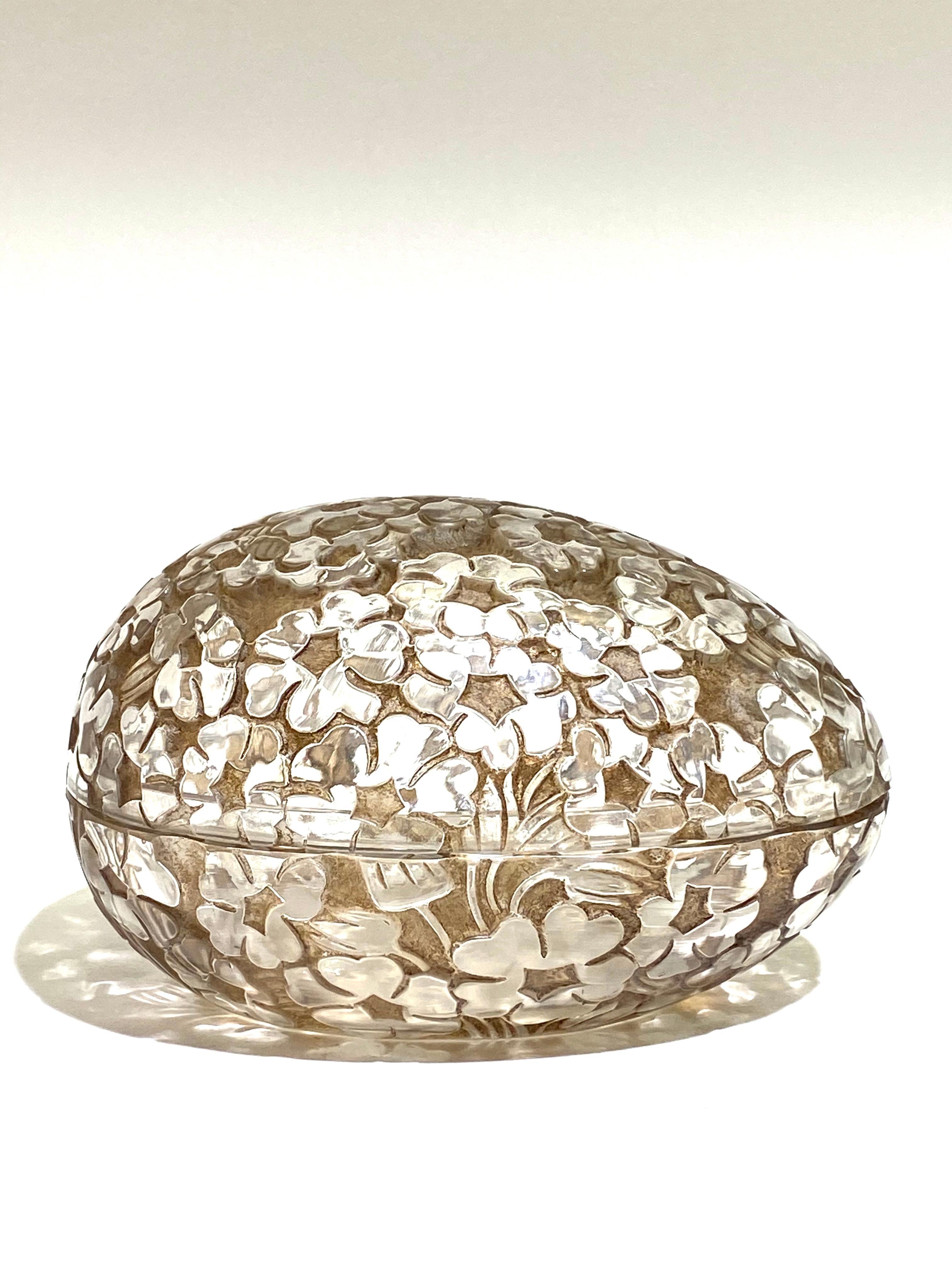 Art Deco 1929 René Lalique Pervenches Egg Box Clear Glass Sepia Stain, Daisy Flowers