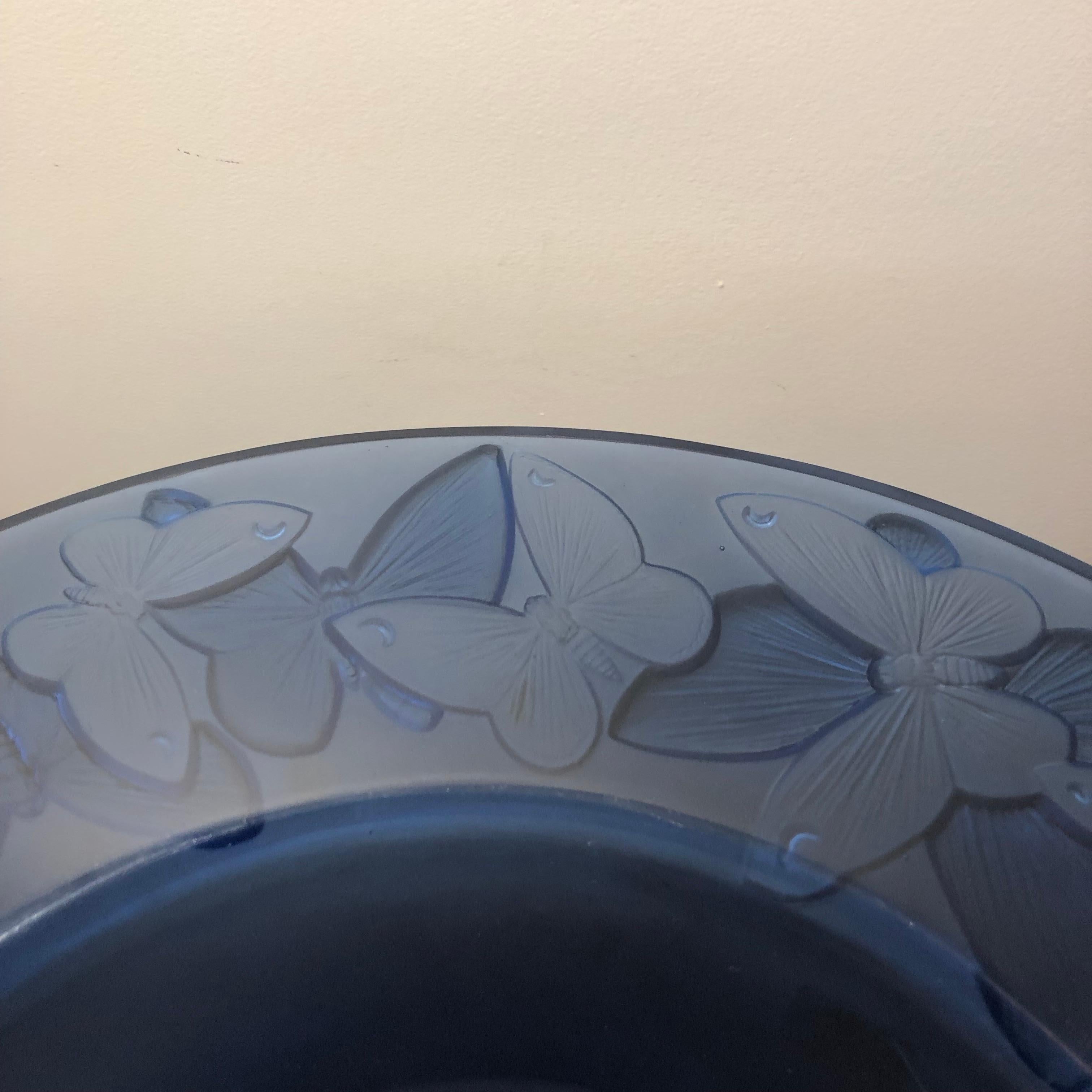 French 1929 René Lalique Phalenes Bowl Navy Blue Glass, Butterflies, Moths
