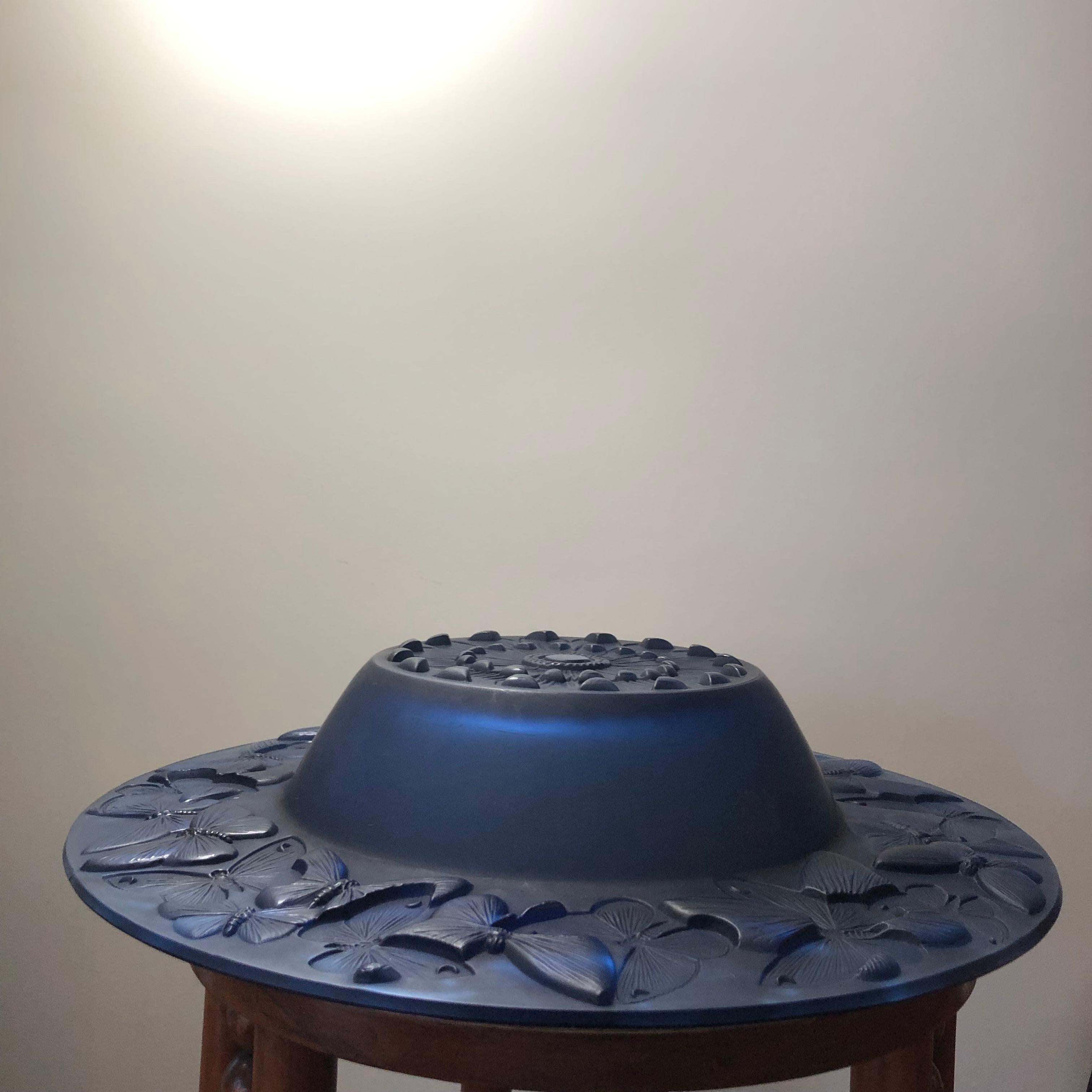 Molded 1929 René Lalique Phalenes Bowl Navy Blue Glass, Butterflies, Moths