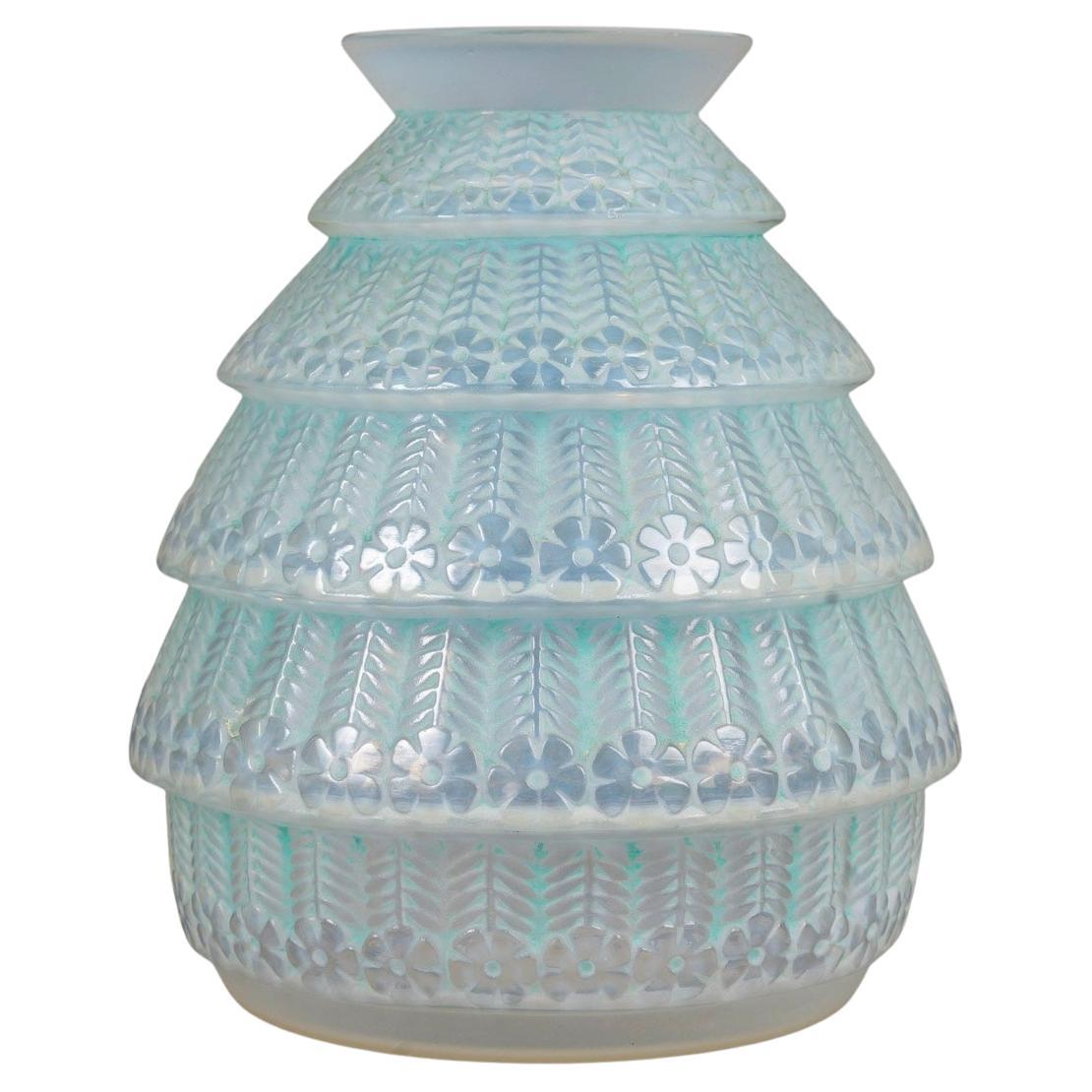 1929 René Lalique - Vase Ferrieres Cased Opalescent Glass with Green Patina