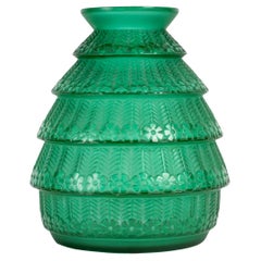 1929 René Lalique - Vase Ferrieres Verre Vert Emeraude