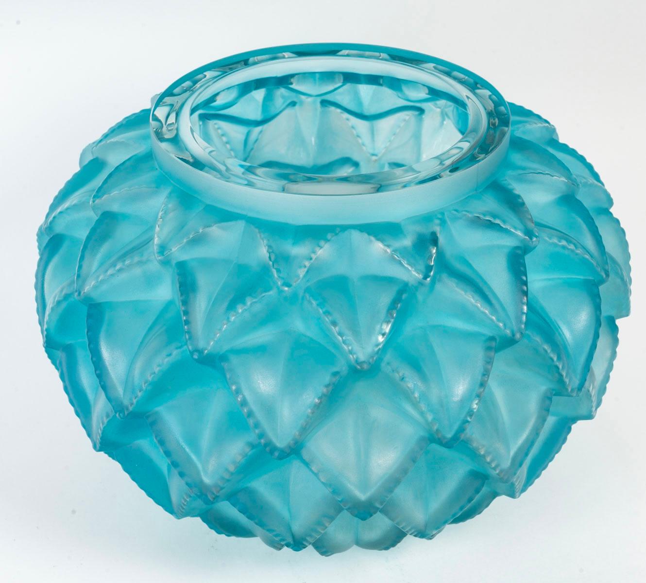 Art Deco 1929 René Lalique Vase Languedoc Glass with Turquoise Blue Patina, Cactus Leaves