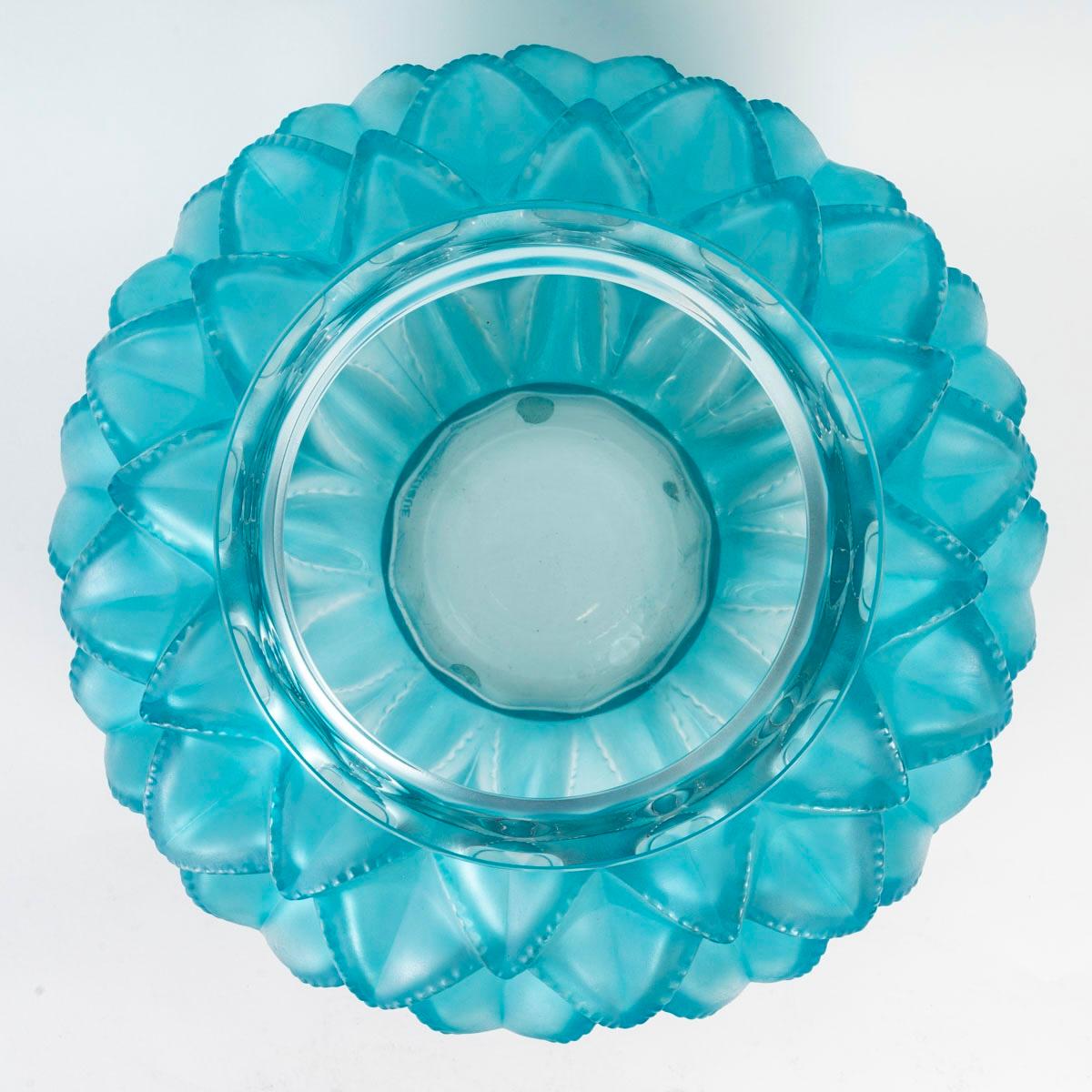 French 1929 René Lalique Vase Languedoc Glass with Turquoise Blue Patina, Cactus Leaves