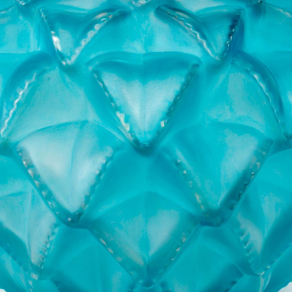 Molded 1929 René Lalique Vase Languedoc Glass with Turquoise Blue Patina, Cactus Leaves