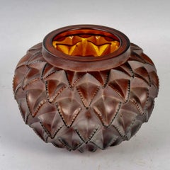 1929 René Lalique Vase Languedoc Red Amber Glass with White Patina Cactus Leaves