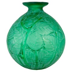 1929 Rene Lalique, Vase Milan Emerald Green Glass with White Patina
