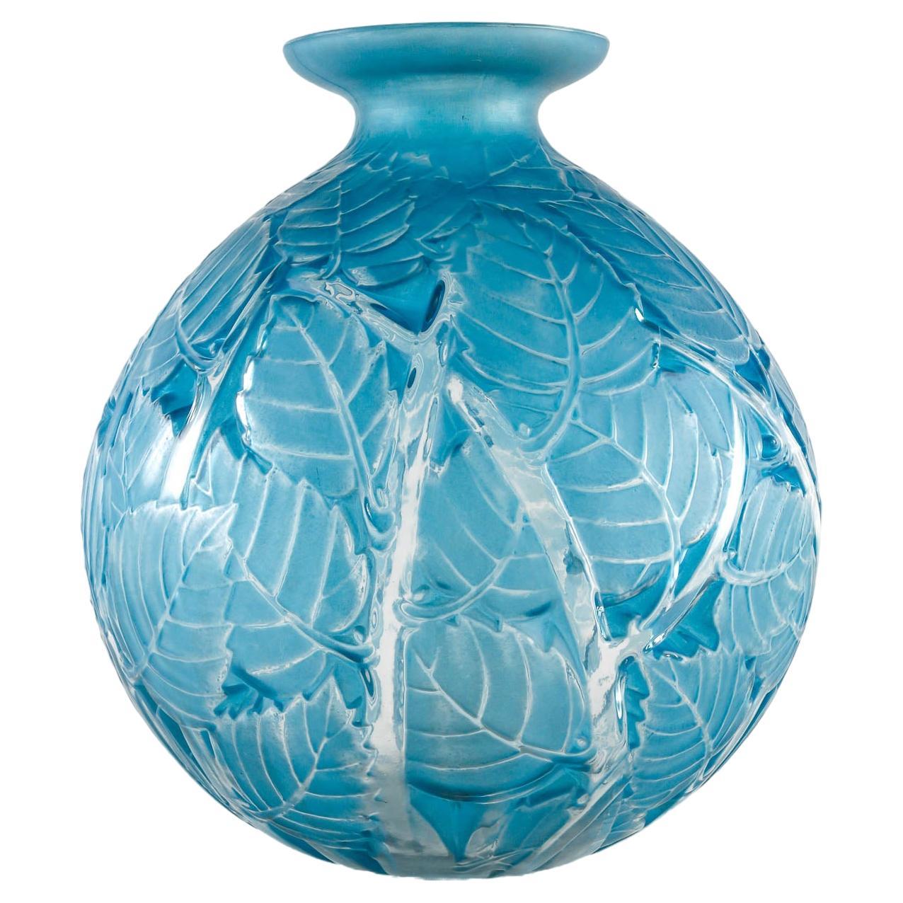 1929 René Lalique Vase Milan Frosted Glass with Electric Blue Patina