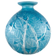 1929 René Lalique Vase Milan Frosted Glass with Electric Blue Patina