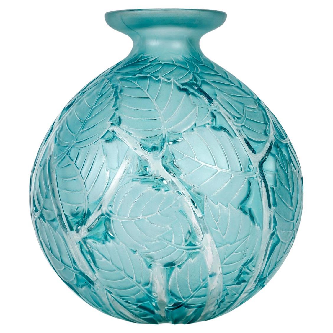 1929 René Lalique Vase Milan Frosted Glass with Electric Blue Patina For Sale
