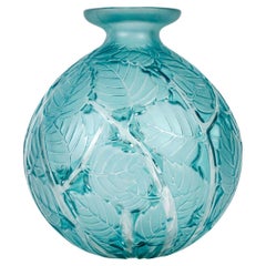 1929 René Lalique Vase Milan Frosted Glass with Electric Blue Patina