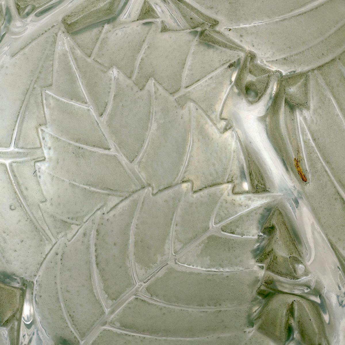 French 1929 Rene Lalique Vase Milan Frosted Glass with Green Patina For Sale